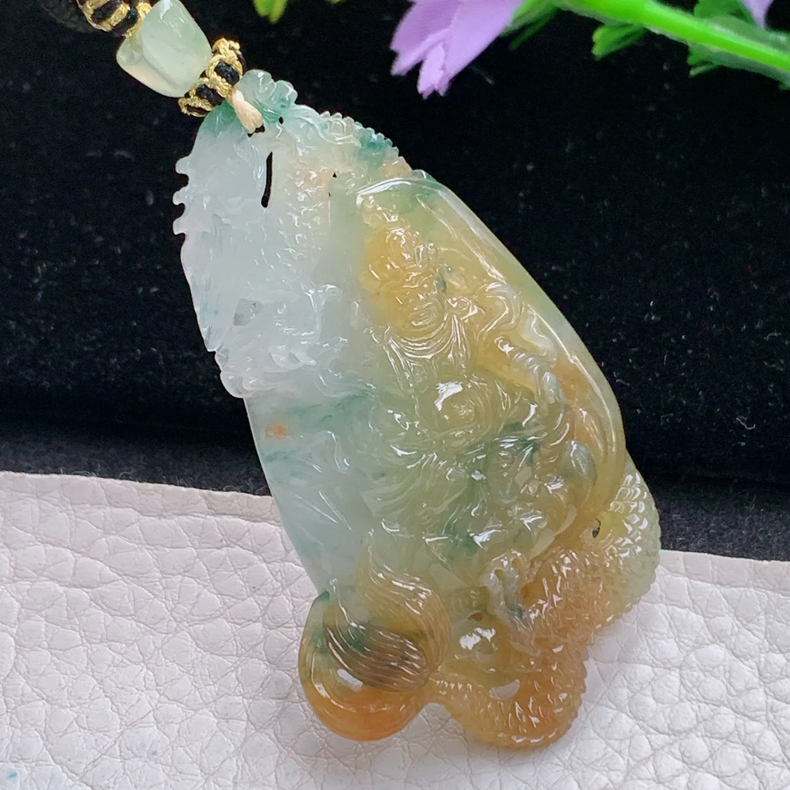 yl实拍62.5*36.8*9.8缅甸翡翠精雕冰三彩黄财神玉吊坠 玉挂件