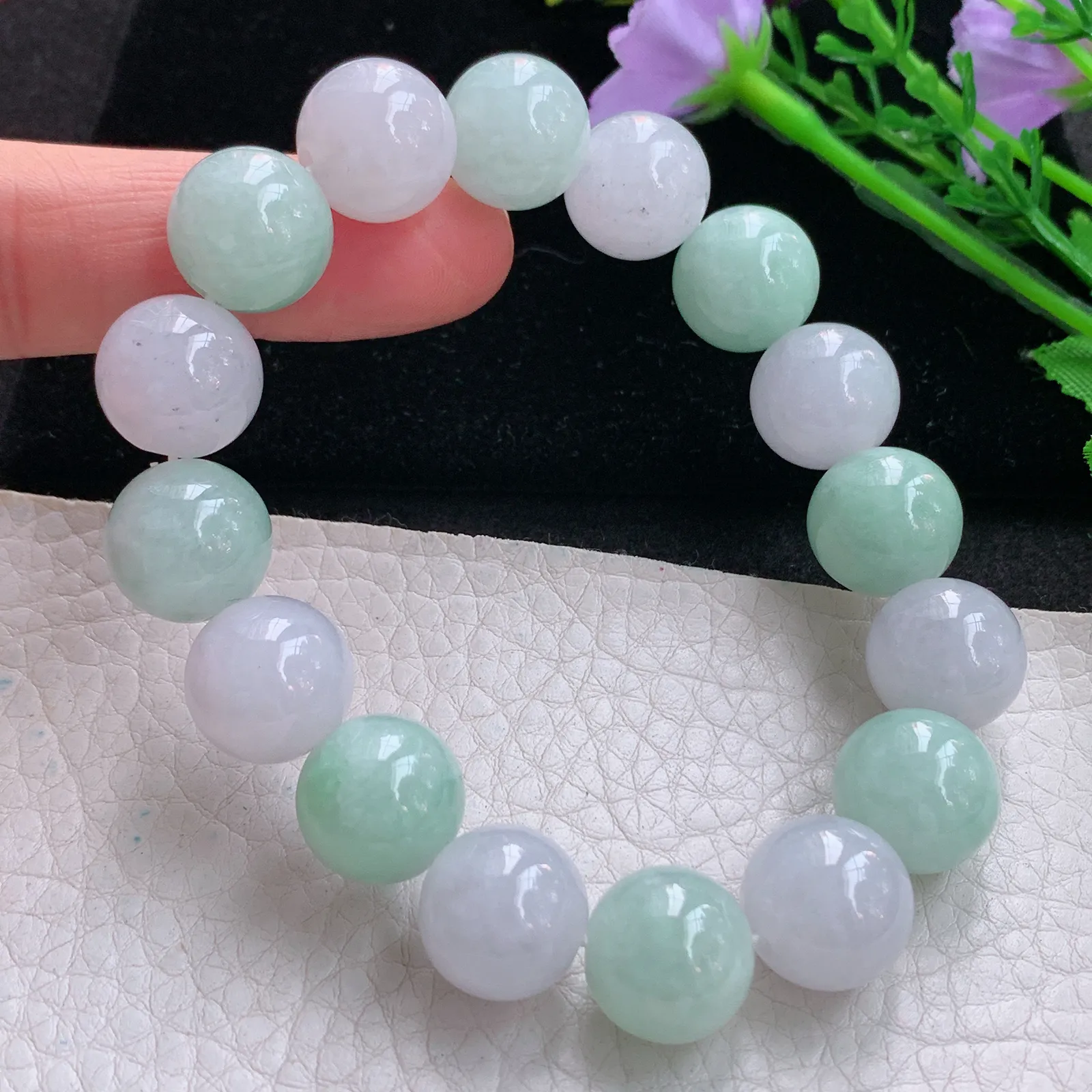 zen实拍 天然缅甸翡翠双彩水润13.5mm圆珠玉手链 玉手串