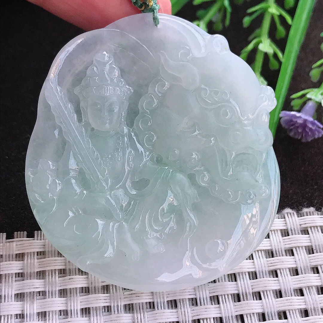 实拍A货翡翠53/48.8/6老坑冰润起胶文殊菩萨吊坠翡翠挂件