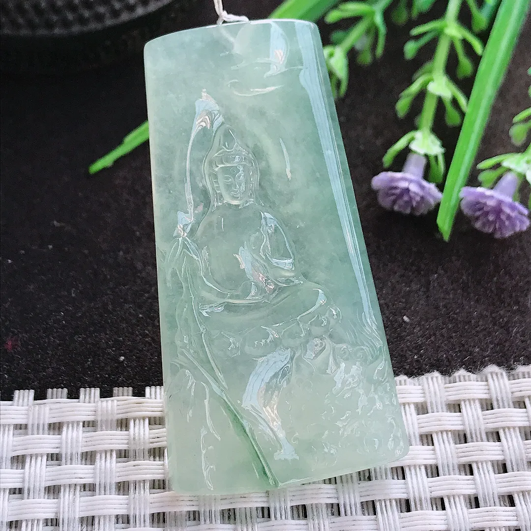 实拍A货翡翠54.6/28.8/5.8老坑冰种果冻胶冰晴文殊菩萨吊坠翡翠挂件