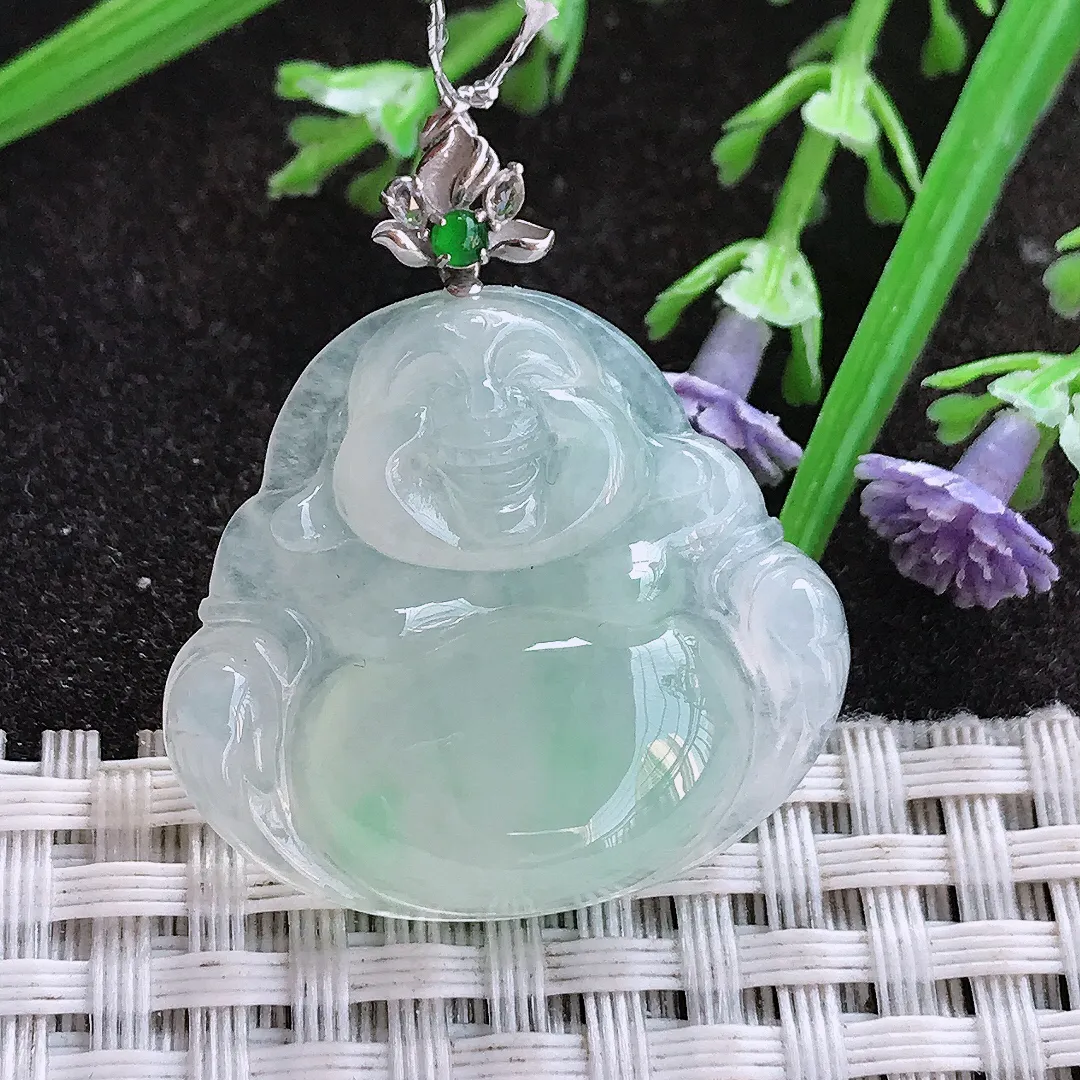 实拍A货翡翠27/29.8/5.8老坑18k金镶嵌冰胶佛公吊坠翡翠玉佛挂件