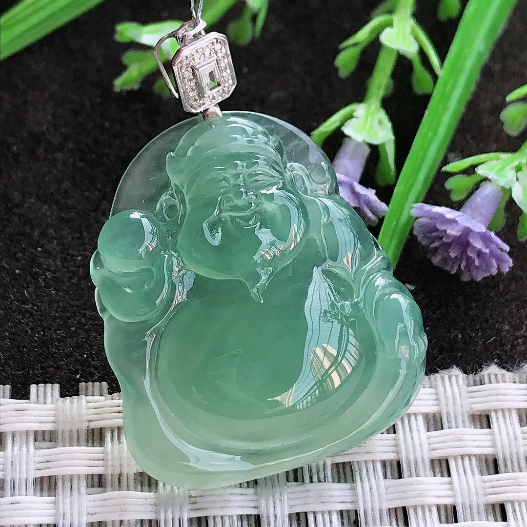 实拍A货翡翠30.6/26.8/6.6老坑18k金镶嵌冰种果冻胶冰晴绿财神爷吊坠翡翠挂件