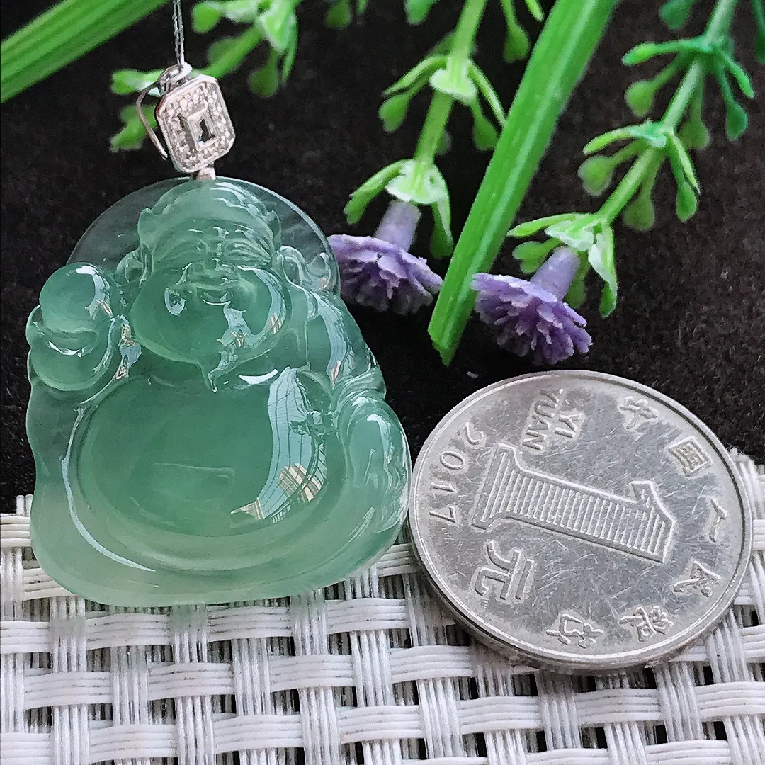 实拍A货翡翠30.6/26.8/6.6老坑18k金镶嵌冰种果冻胶冰晴绿财神爷吊坠翡翠挂件