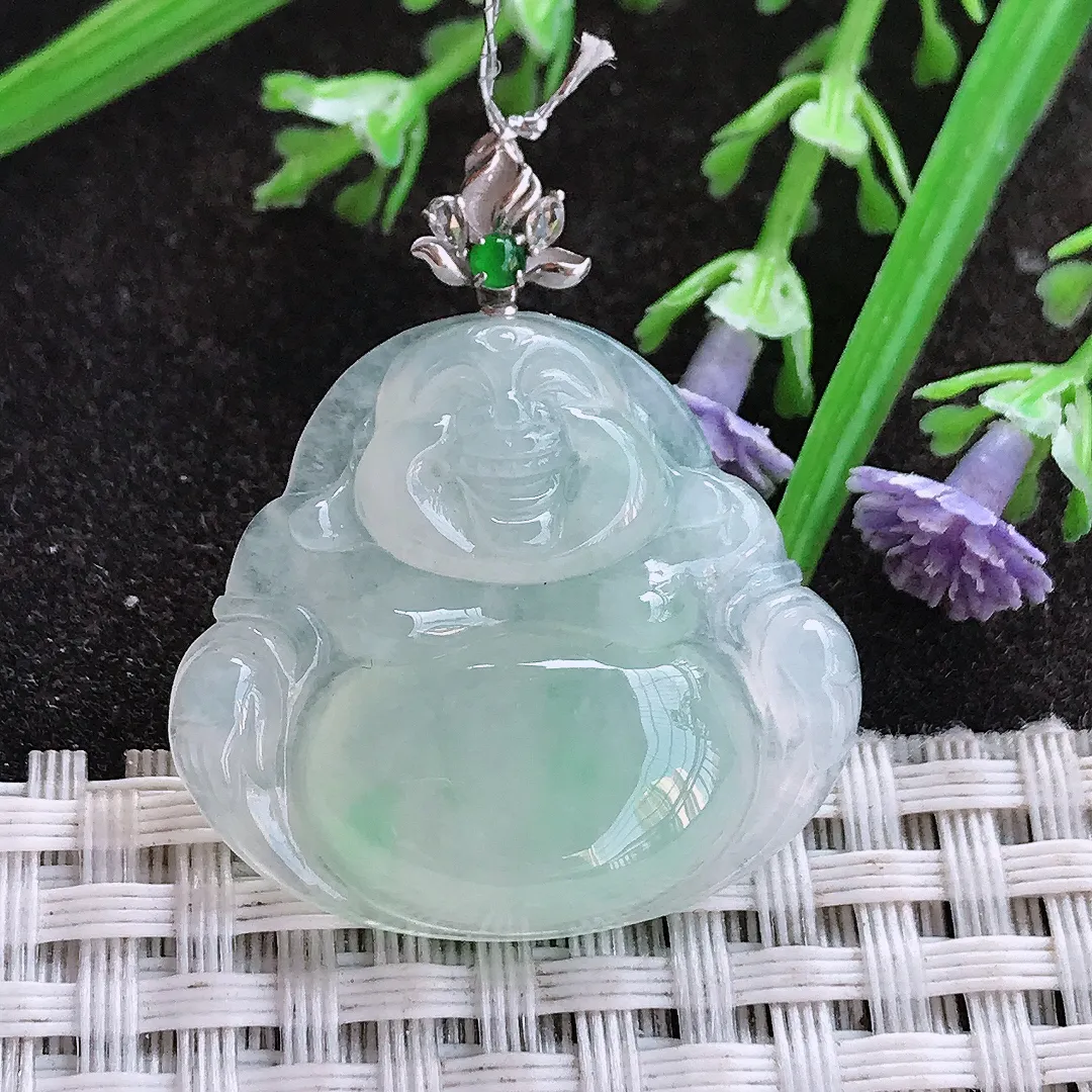 实拍A货翡翠27/29.8/5.8老坑18k金镶嵌冰胶佛公吊坠翡翠玉佛挂件
