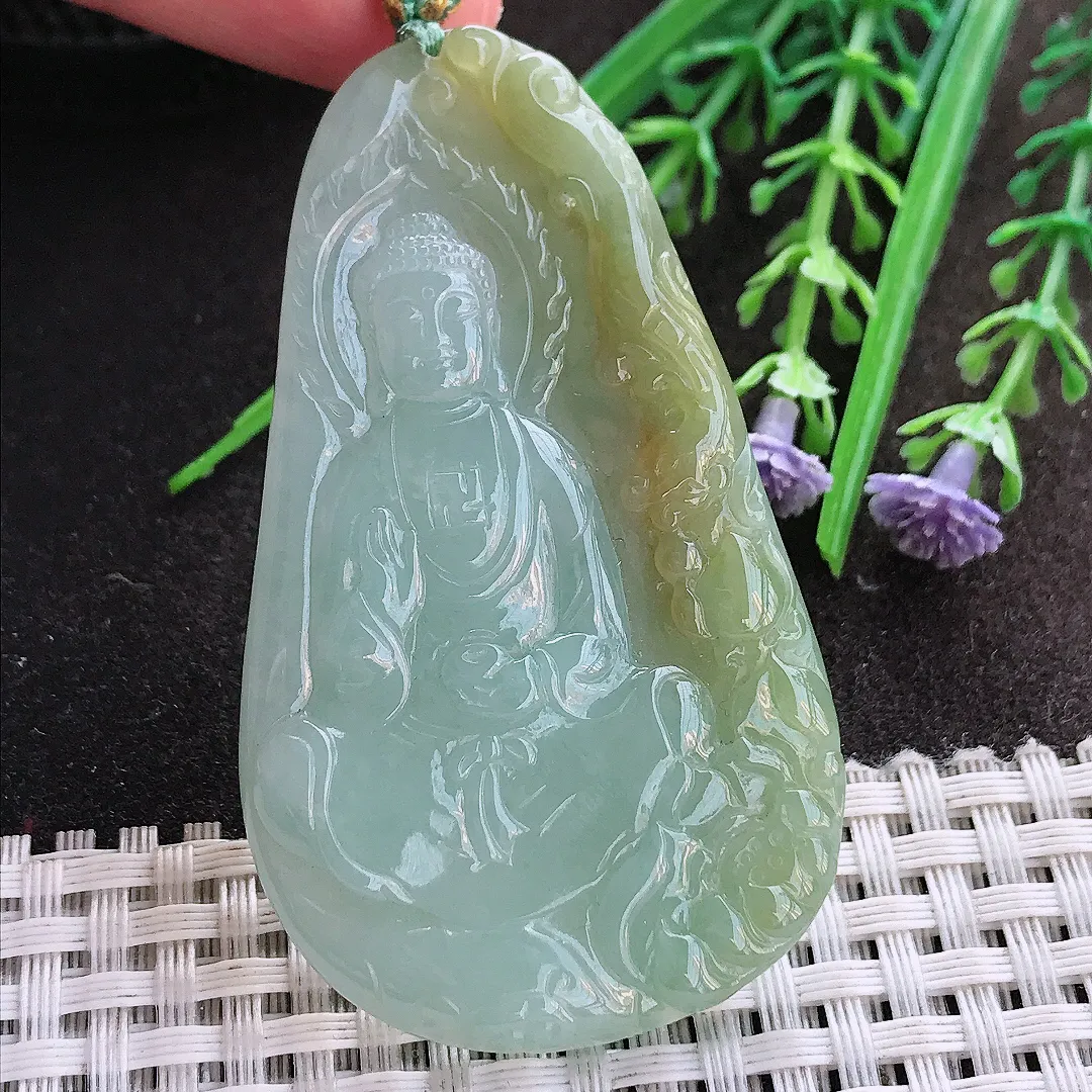 实拍A货翡翠63.8/37.3/5.7老坑冰润起胶黄加绿阿弥陀佛吊坠翡翠挂件