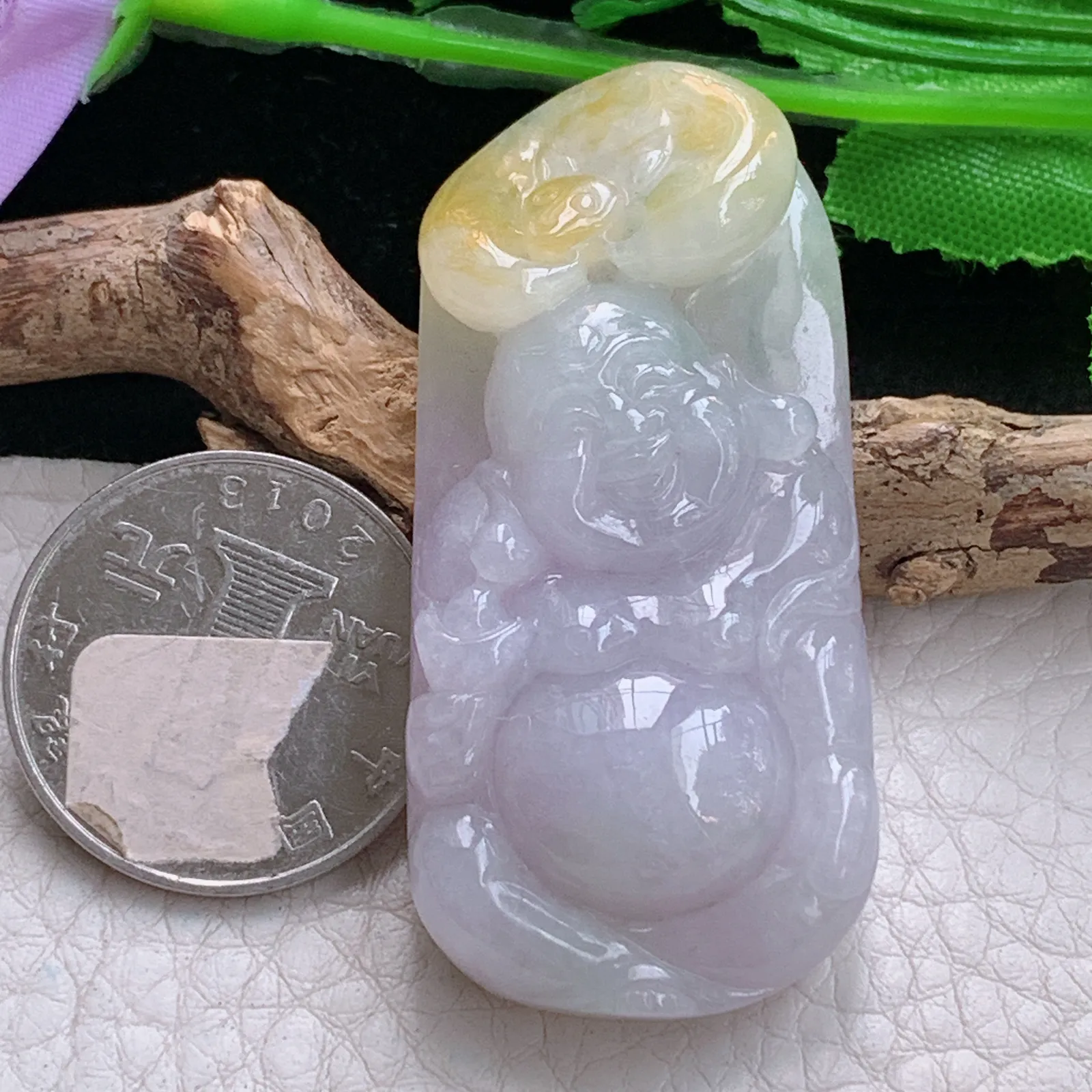 zen实拍53.8*25*11.2天然缅甸翡翠双彩逍遥佛 弥勒佛玉吊坠 玉挂件