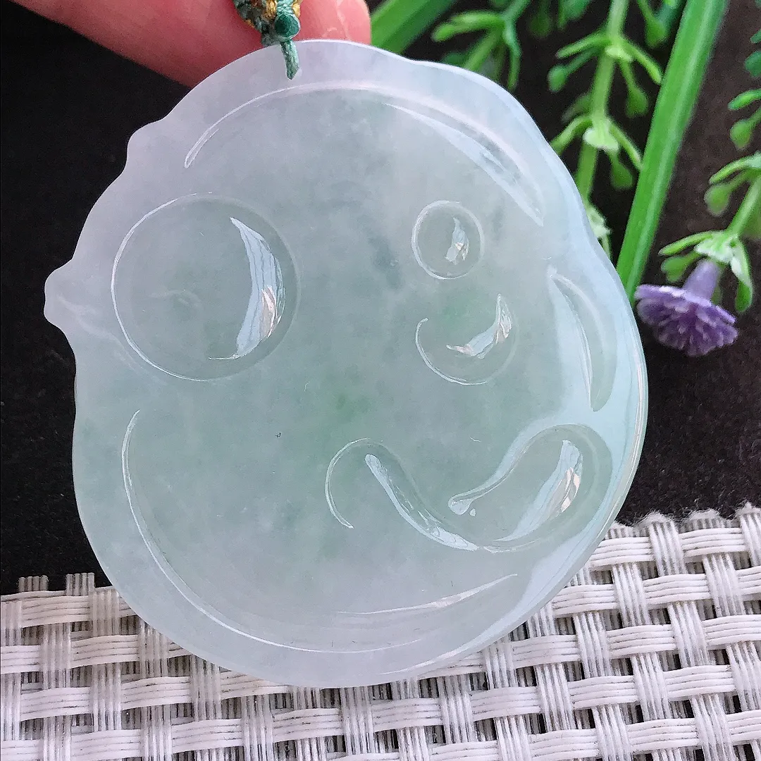 实拍A货翡翠53/48.8/6老坑冰润起胶文殊菩萨吊坠翡翠挂件