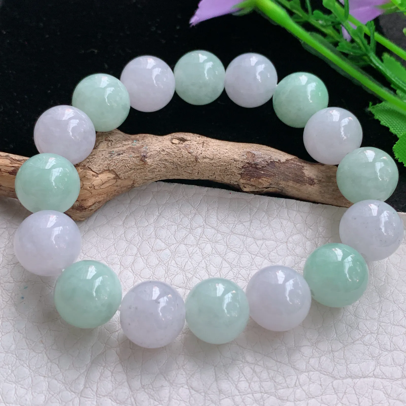 zen实拍 天然缅甸翡翠双彩水润13.5mm圆珠玉手链 玉手串