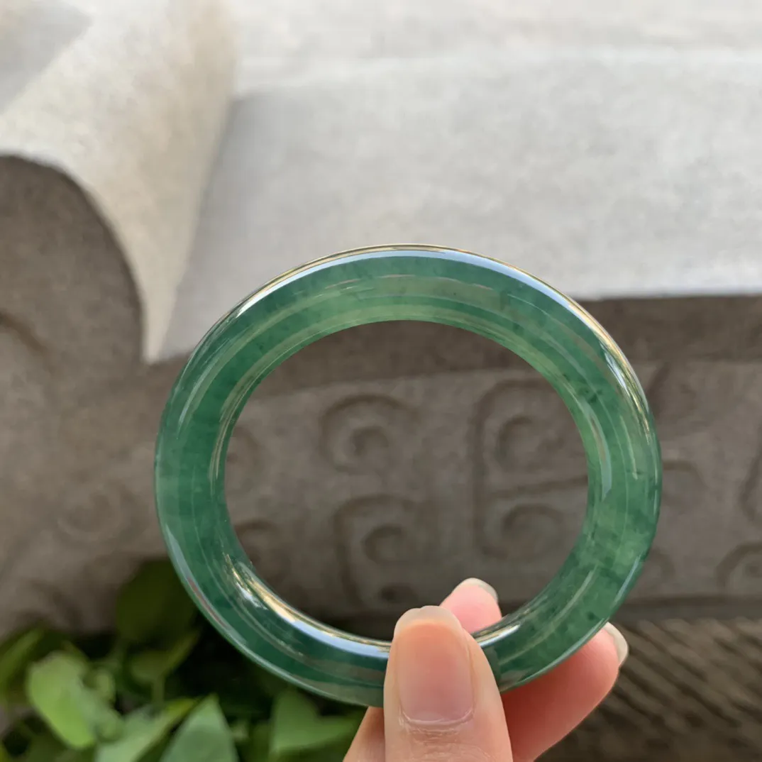 小圈口52.3-9.5 【水墨绿圆条手镯】圆条52 53可戴