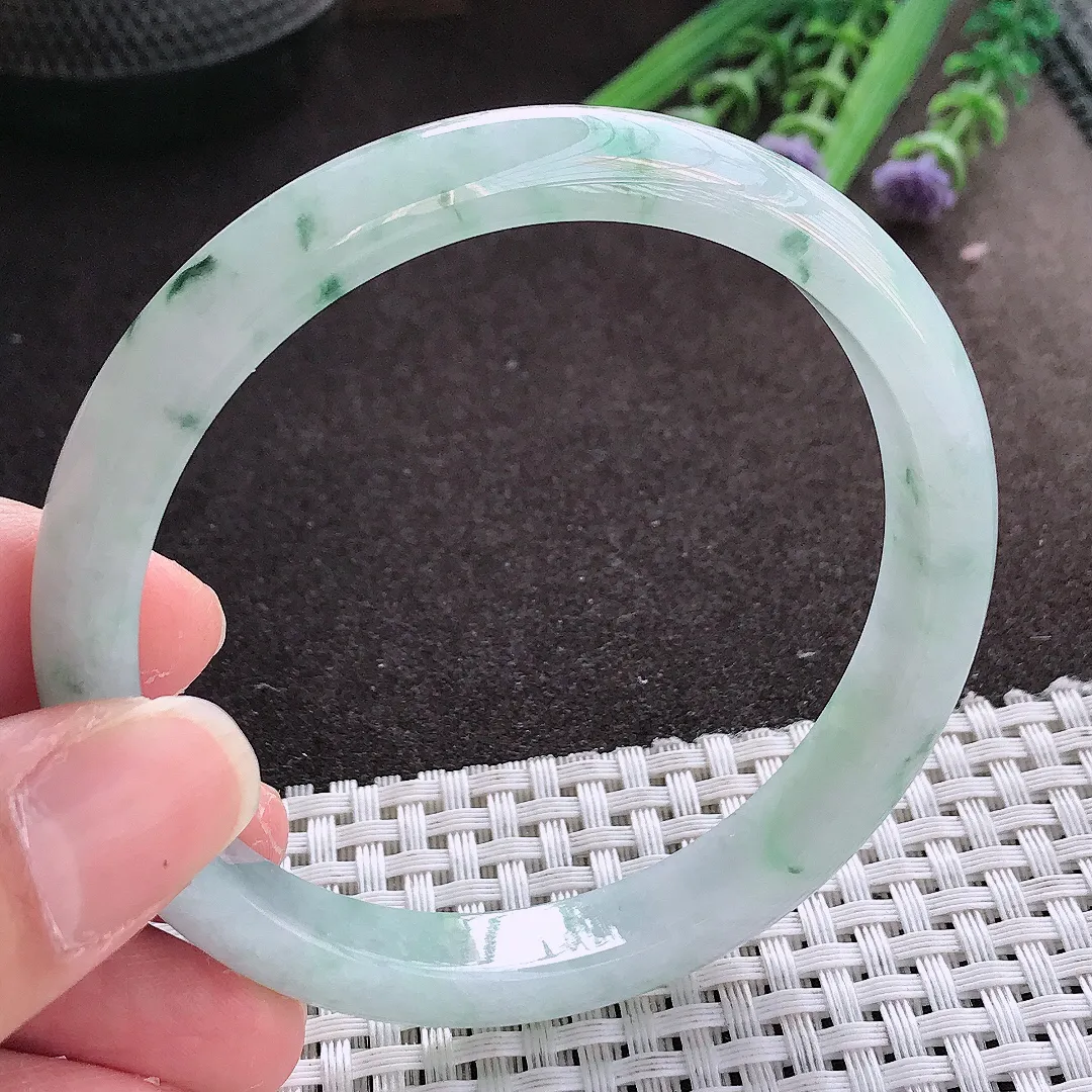 实拍翡翠A货60.5/9.5/7.3大圈口老坑冰润飘花手镯宽边翡翠玉镯女款百搭