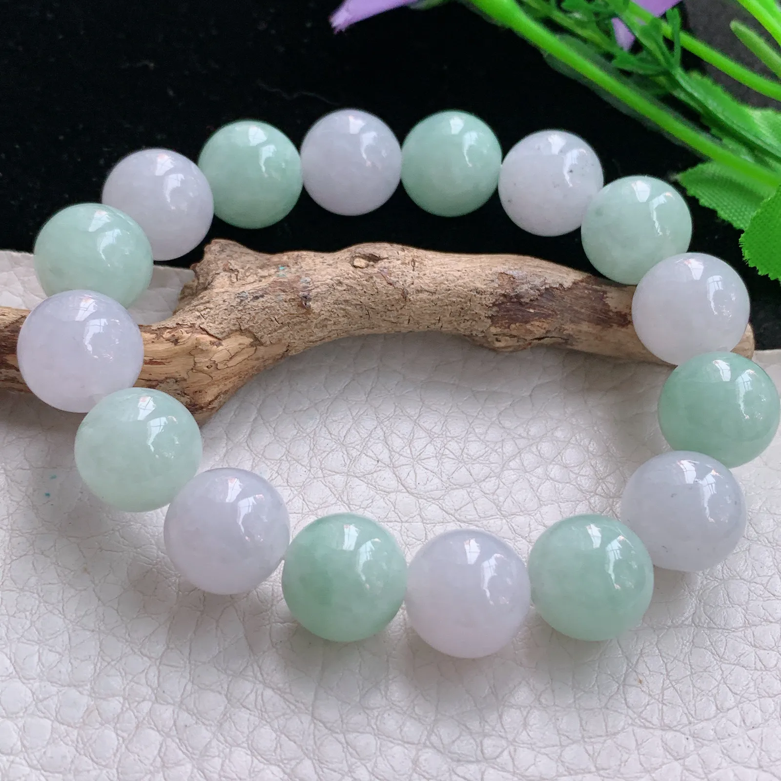 zen实拍 天然缅甸翡翠双彩水润13.5mm圆珠玉手链 玉手串