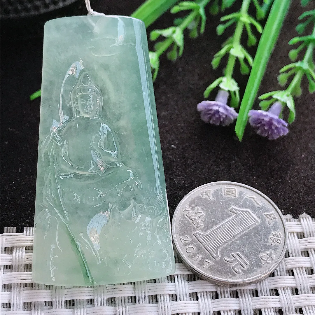 实拍A货翡翠54.6/28.8/5.8老坑冰种果冻胶冰晴文殊菩萨吊坠翡翠挂件