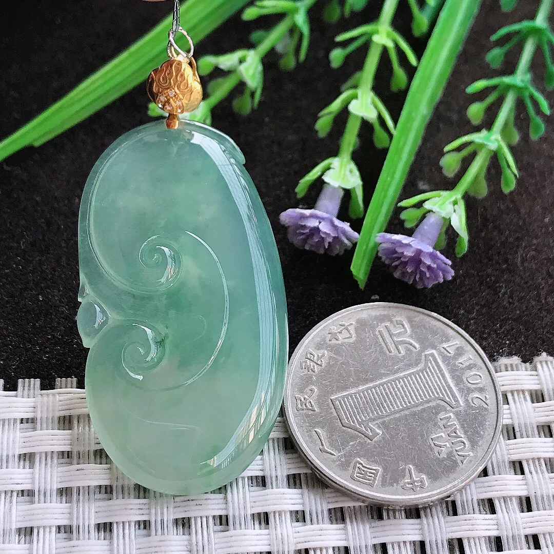 实拍A货翡翠41.6/23/5.1老坑18k金镶嵌起胶冰晴绿如意吊坠翡翠挂件