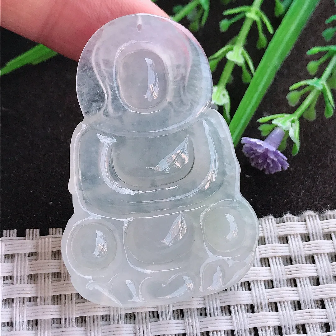 实拍A货翡翠49.7/34.3/5.8老坑冰透起胶白冰正装观音吊坠翡翠挂件