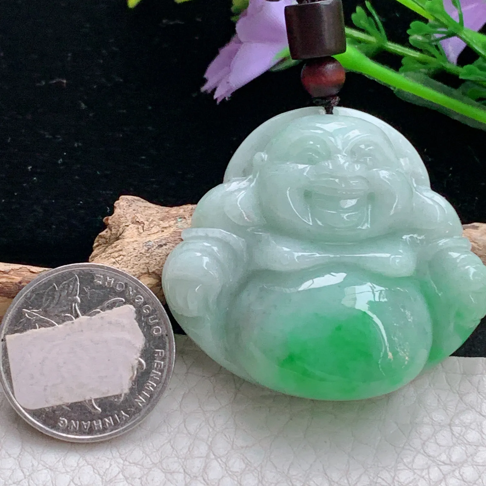 zen实拍41.8*47.3*12.6天然缅甸翡翠辣绿大佛公 弥勒佛玉吊坠 玉挂件