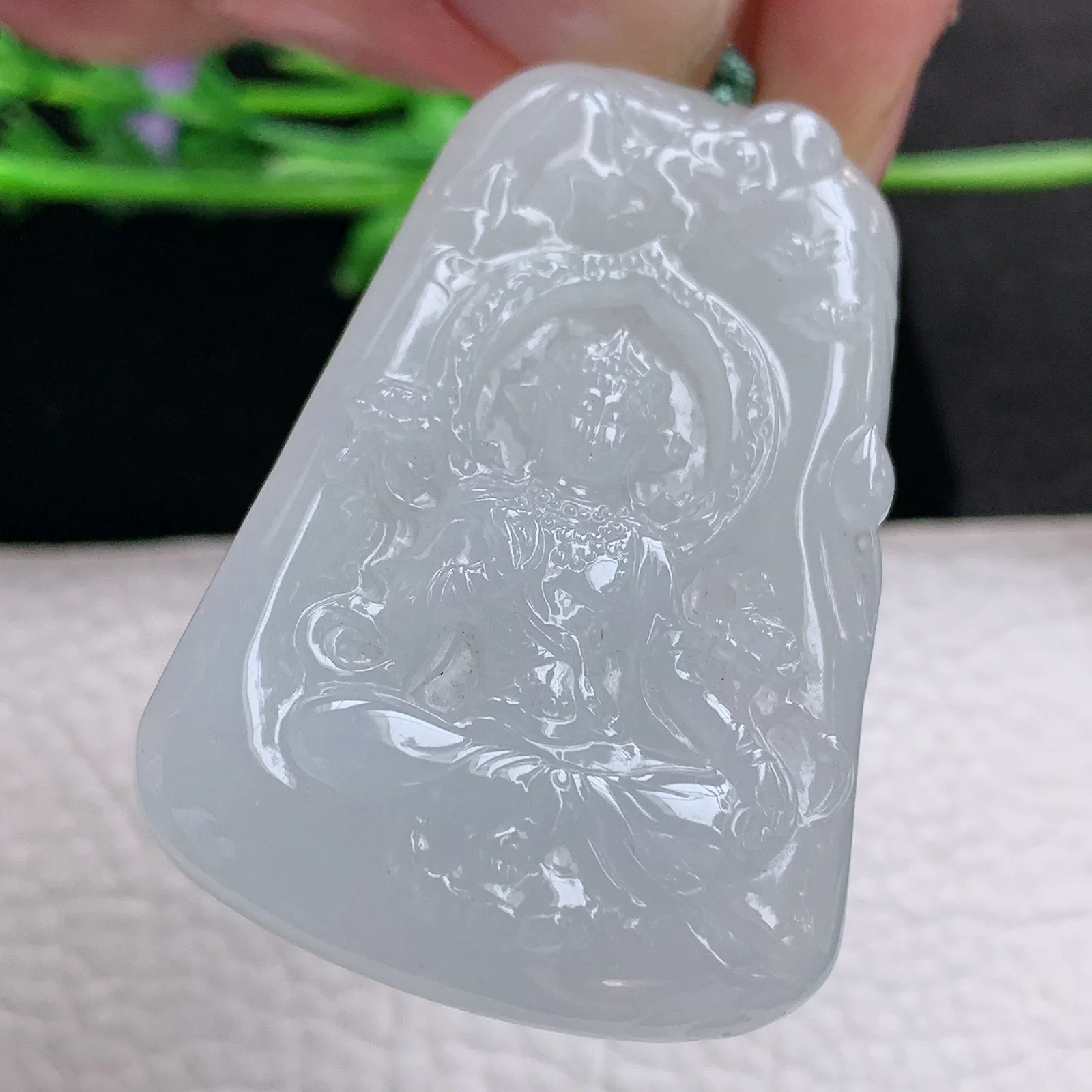 cys实拍53.7*36*6.8缅甸翡翠精雕白月光自在观音 玉观音玉吊坠