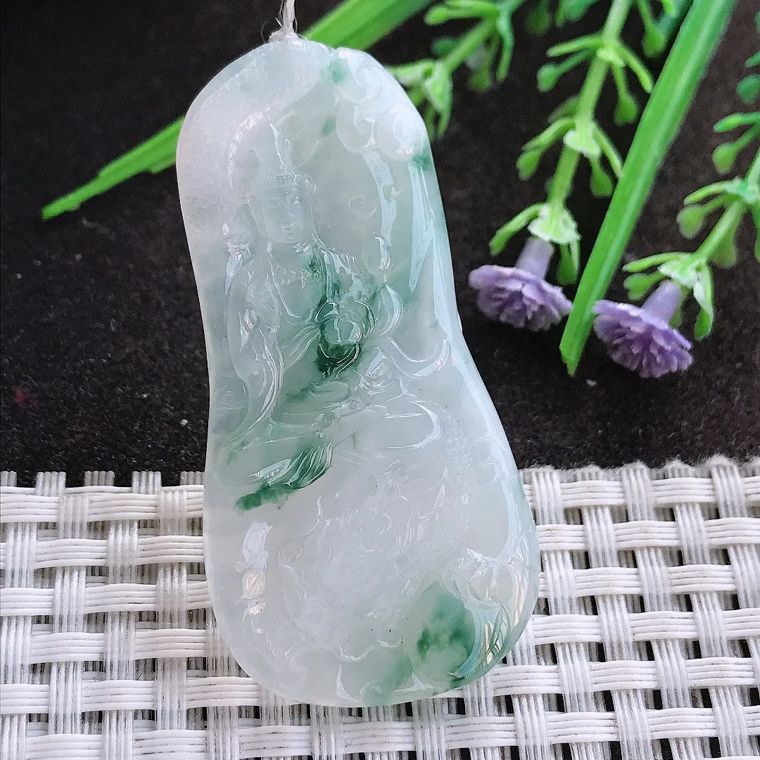 实拍A货翡翠54.2/27.5/5老坑冰胶水灵冰飘花御龙观音吊坠翡翠挂件