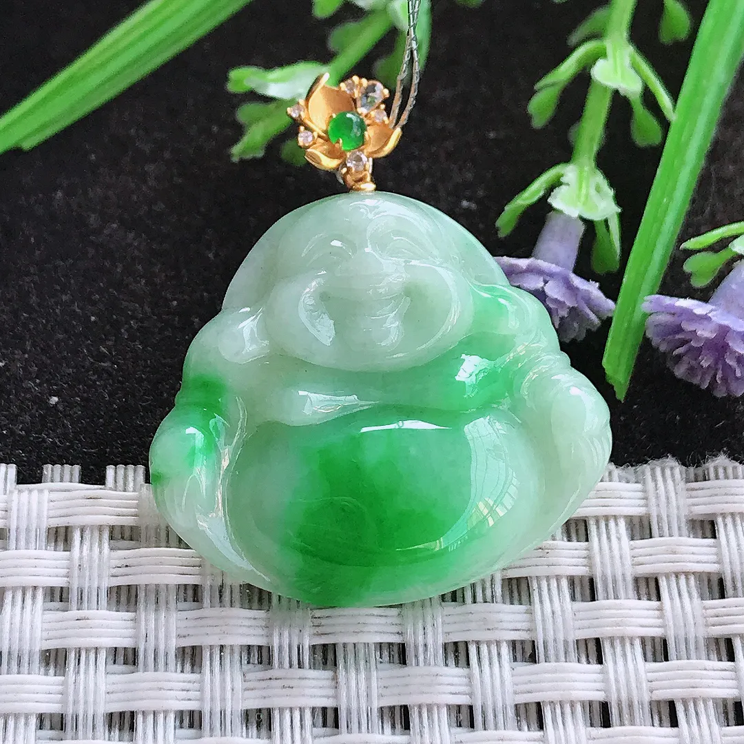 实拍A货翡翠26.2/29.3/5.5老坑18k金镶嵌飘阳绿佛公吊坠翡翠玉佛