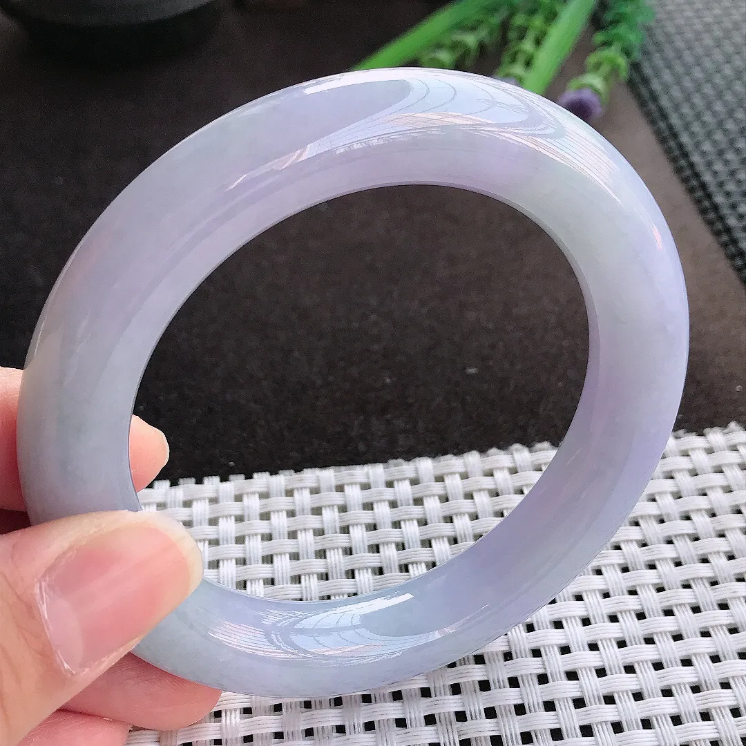 实拍翡翠A货60/12.6/12.2大圈口老坑冰润紫罗兰胖圆条手镯翡翠玉镯