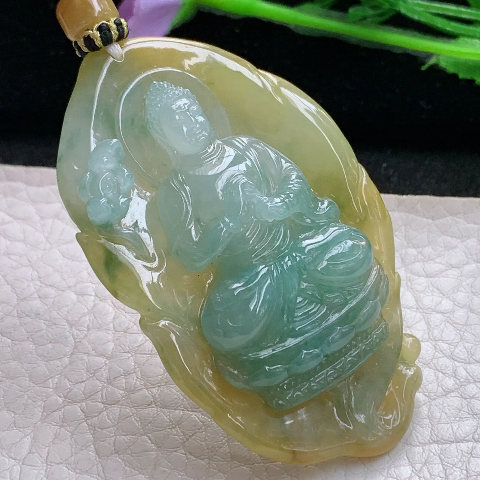 yl实拍63.9*38.5*12缅甸翡翠特色精雕双彩立体大日如来 花开见佛玉吊坠