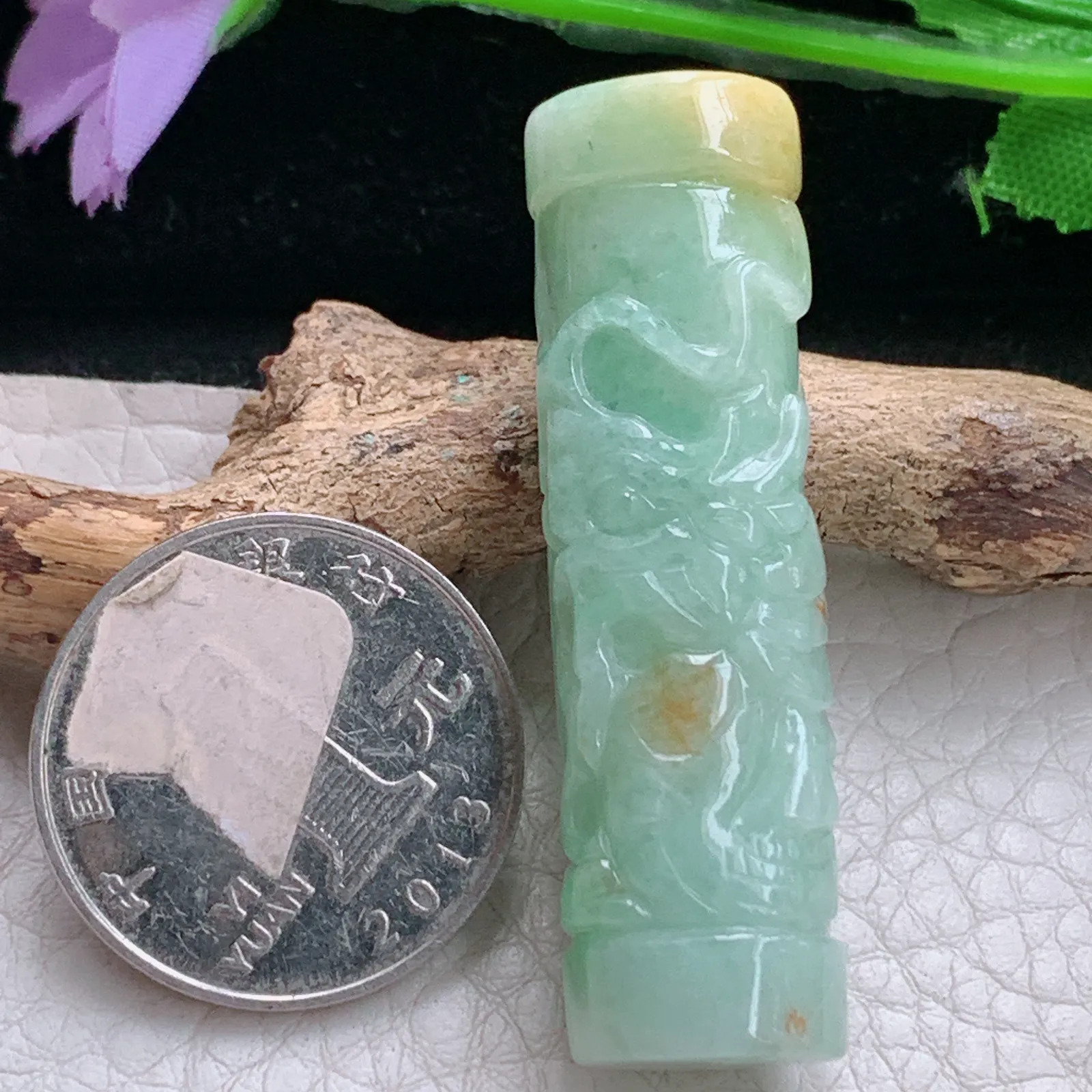 zen实拍48.6*13.6*12.5天然缅甸翡翠双彩龙柱 龙行天下玉吊坠 玉挂件