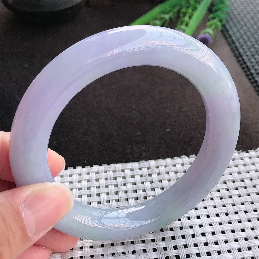 实拍翡翠A货60/12.6/12.2大圈口老坑冰润紫罗兰胖圆条手镯翡翠玉镯