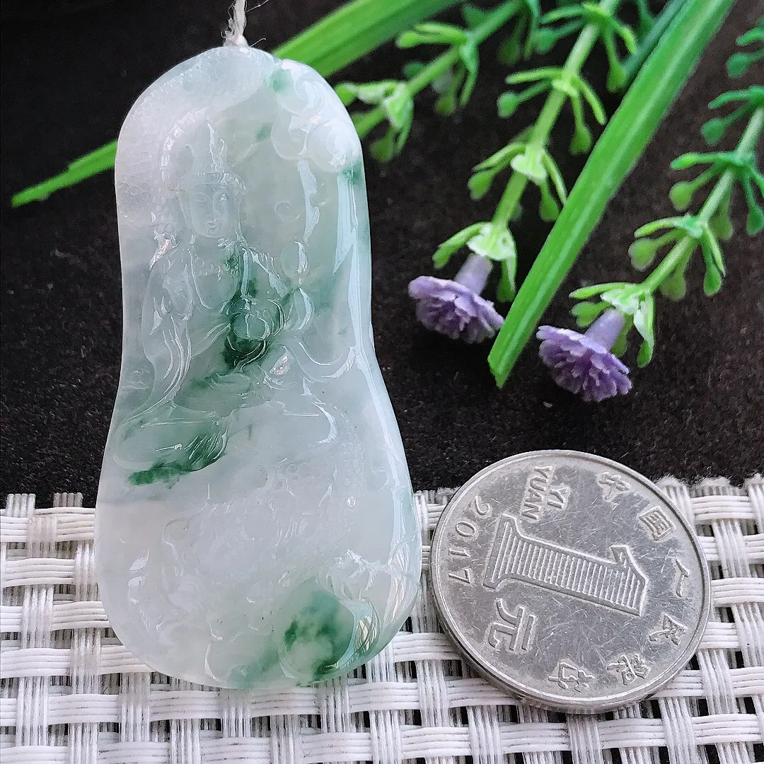 实拍A货翡翠54.2/27.5/5老坑冰胶水灵冰飘花御龙观音吊坠翡翠挂件