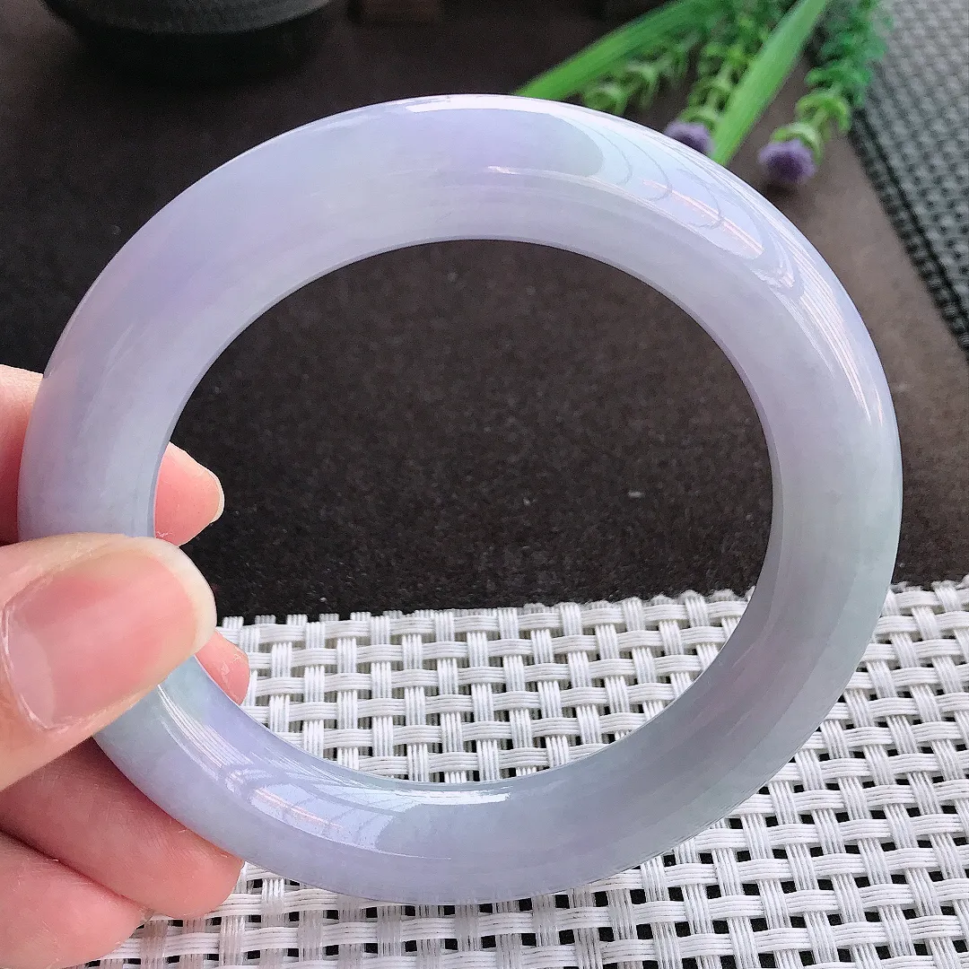 实拍翡翠A货60/12.6/12.2大圈口老坑冰润紫罗兰胖圆条手镯翡翠玉镯