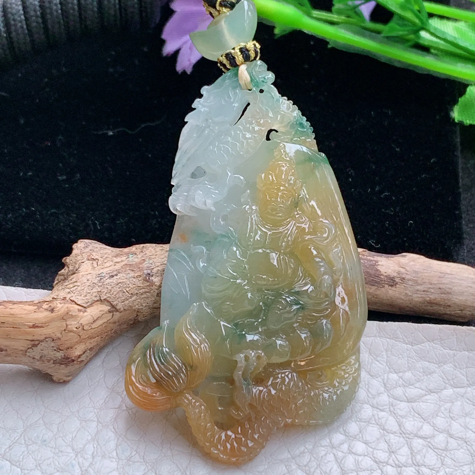 yl实拍62.5*36.8*9.8缅甸翡翠精雕冰三彩黄财神玉吊坠 玉挂件