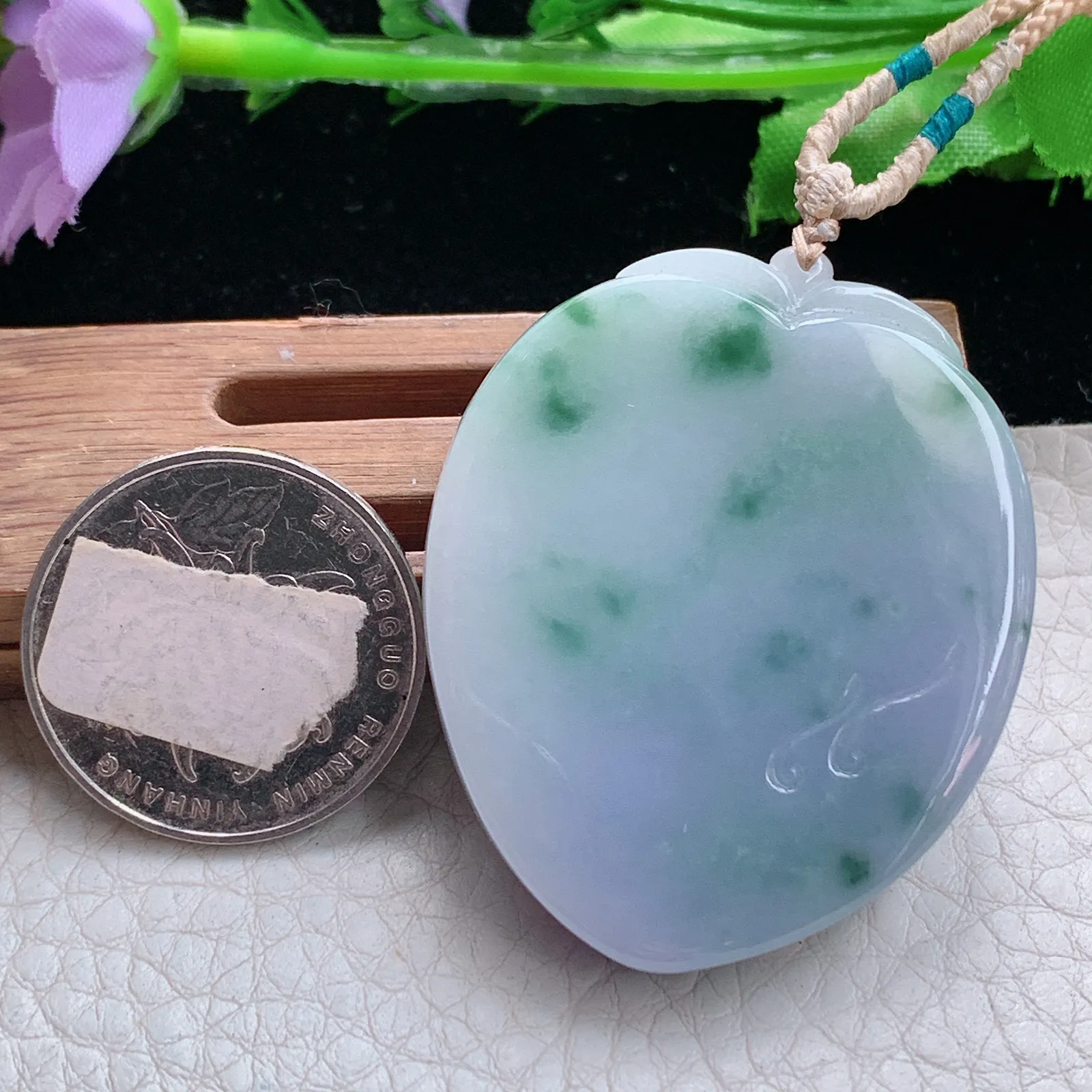 cys实拍45.2*36.6*8缅甸翡翠精雕春带彩心心相印 心形玉吊坠