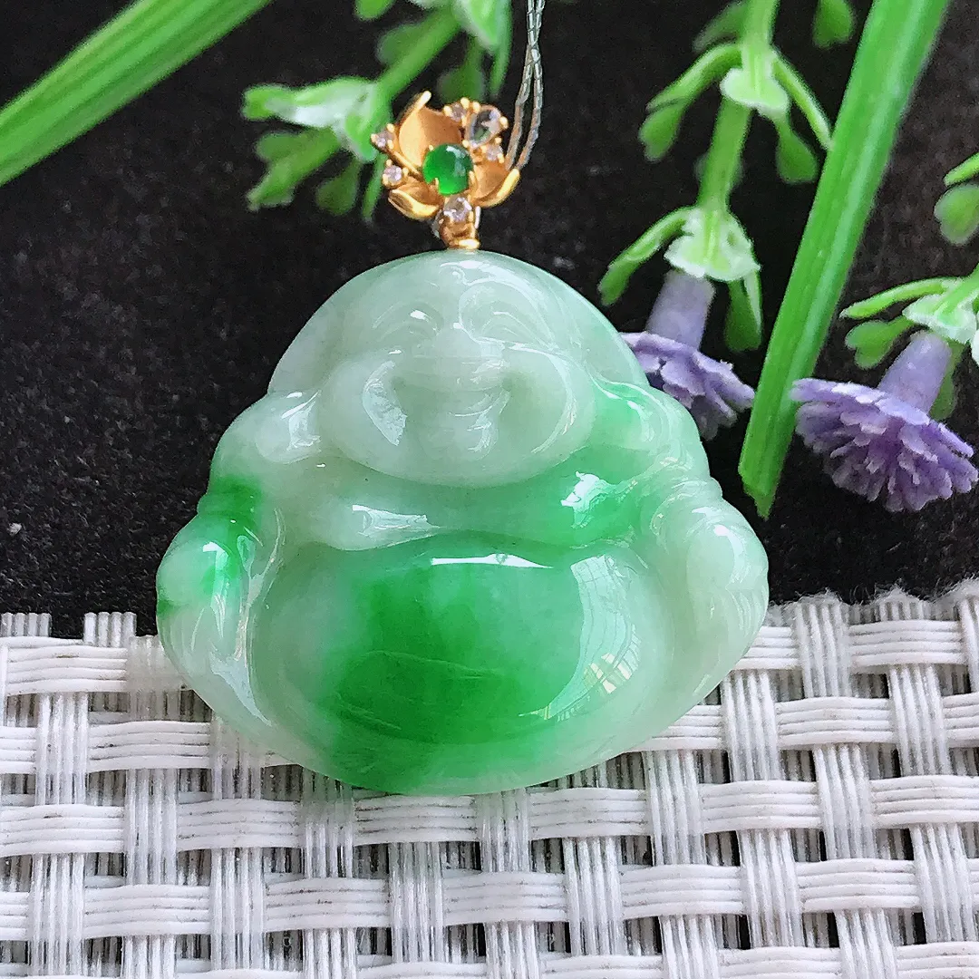 实拍A货翡翠26.2/29.3/5.5老坑18k金镶嵌飘阳绿佛公吊坠翡翠玉佛