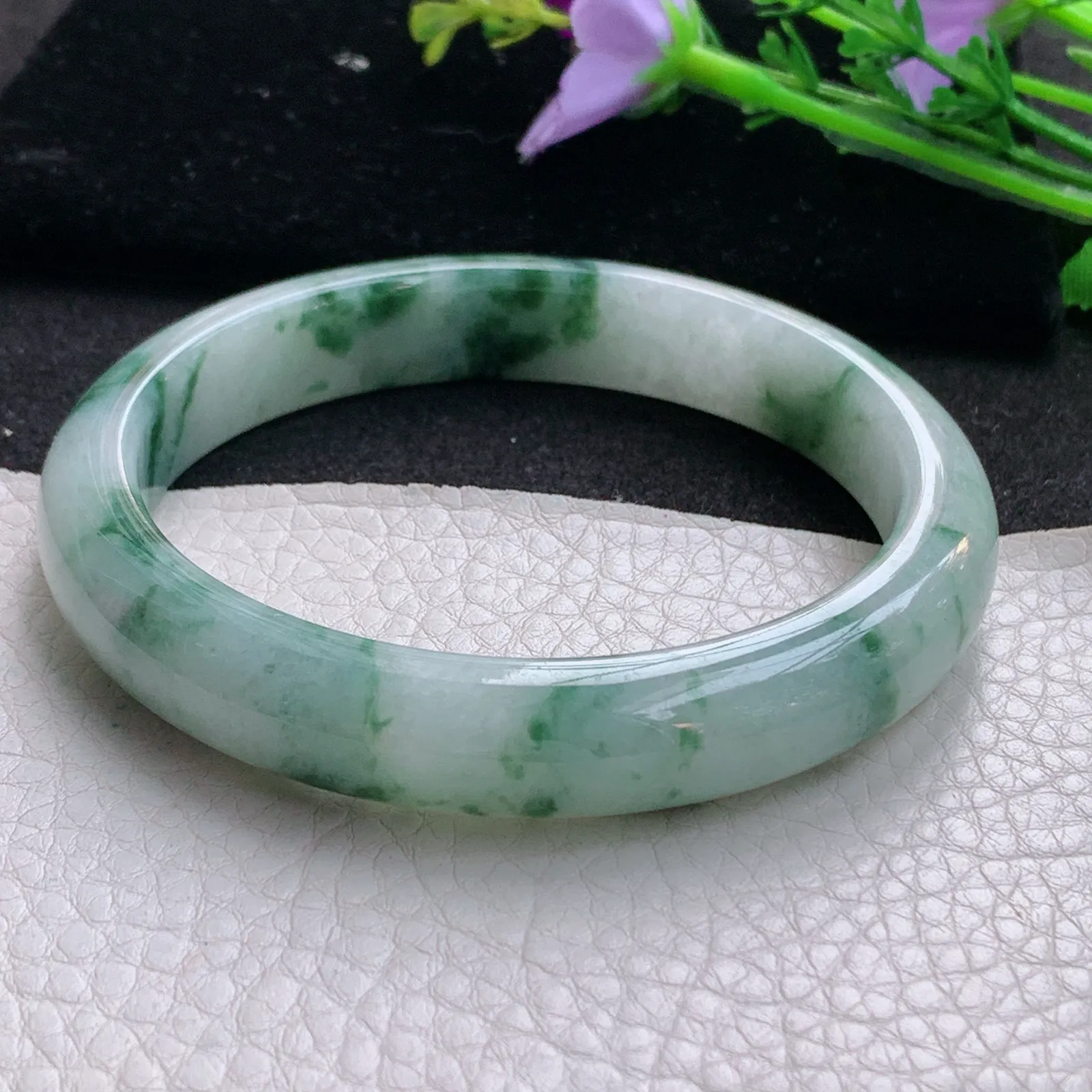 ll大圈口63*12*8.3平安镯 天然缅甸翡翠飘花大气宽边玉手环