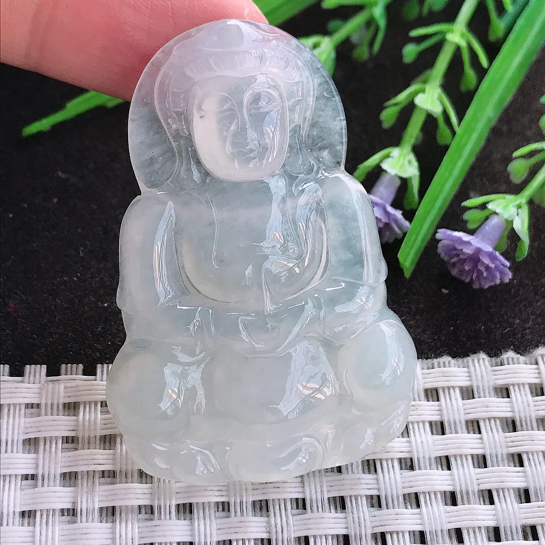 实拍A货翡翠49.7/34.3/5.8老坑冰透起胶白冰正装观音吊坠翡翠挂件