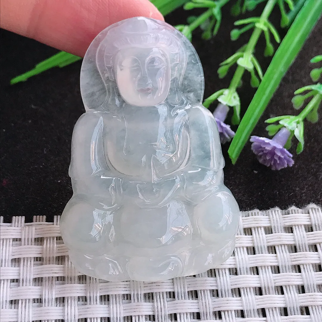 实拍A货翡翠49.7/34.3/5.8老坑冰透起胶白冰正装观音吊坠翡翠挂件