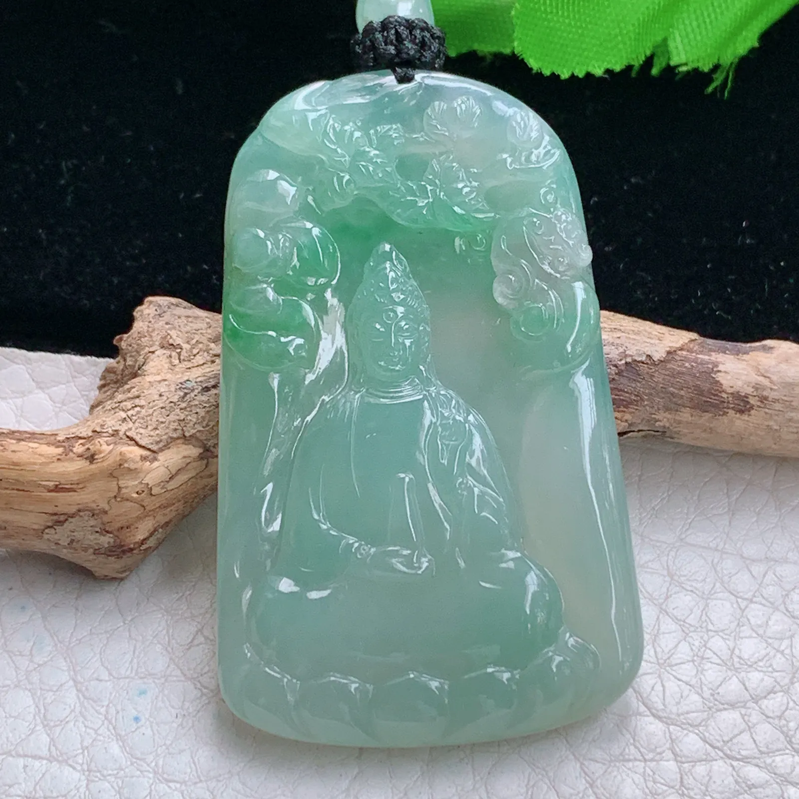 yl实拍55.5*34*5.8缅甸翡翠精雕冰胶飘绿山水观音 玉观音玉挂件 玉吊坠
