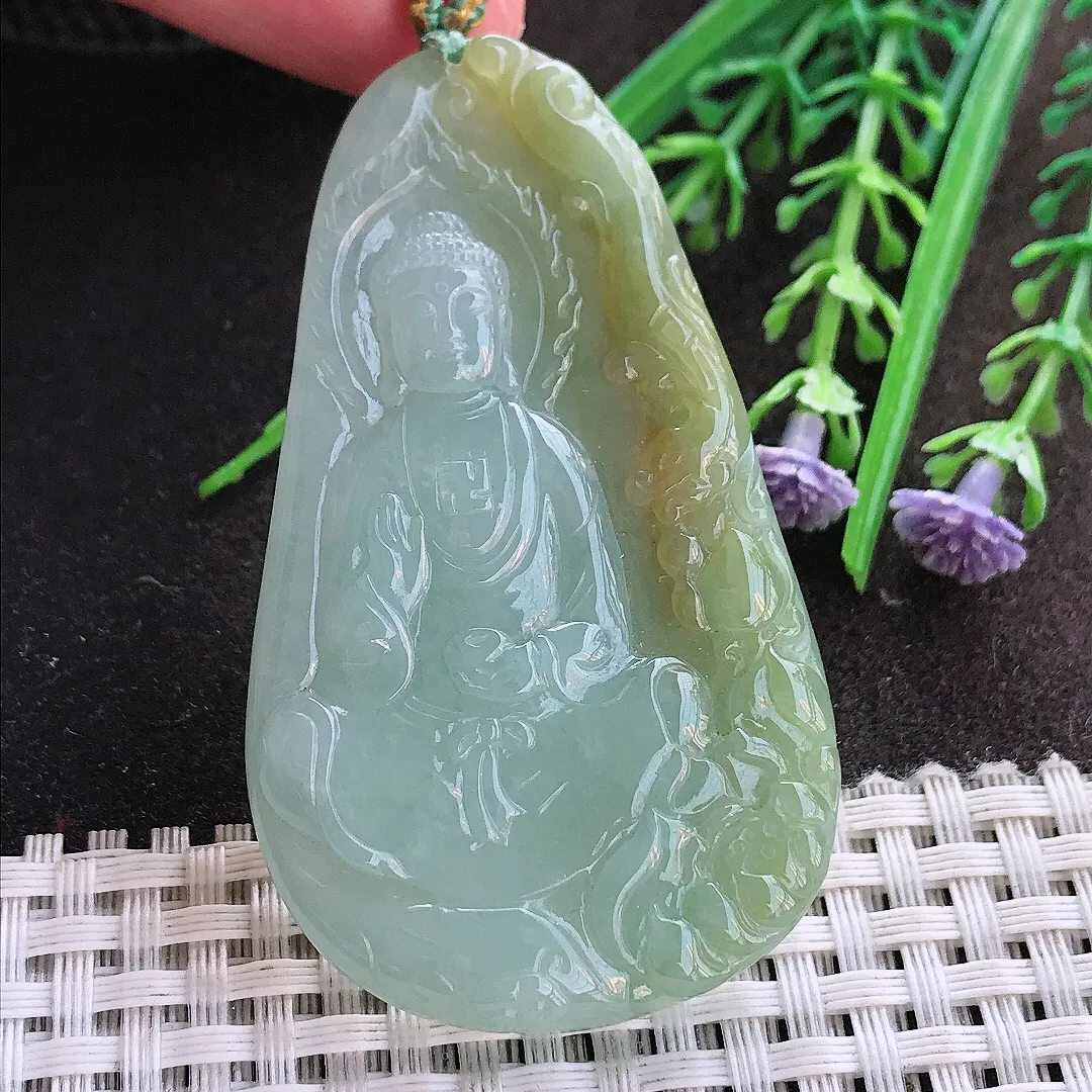 实拍A货翡翠63.8/37.3/5.7老坑冰润起胶黄加绿阿弥陀佛吊坠翡翠挂件
