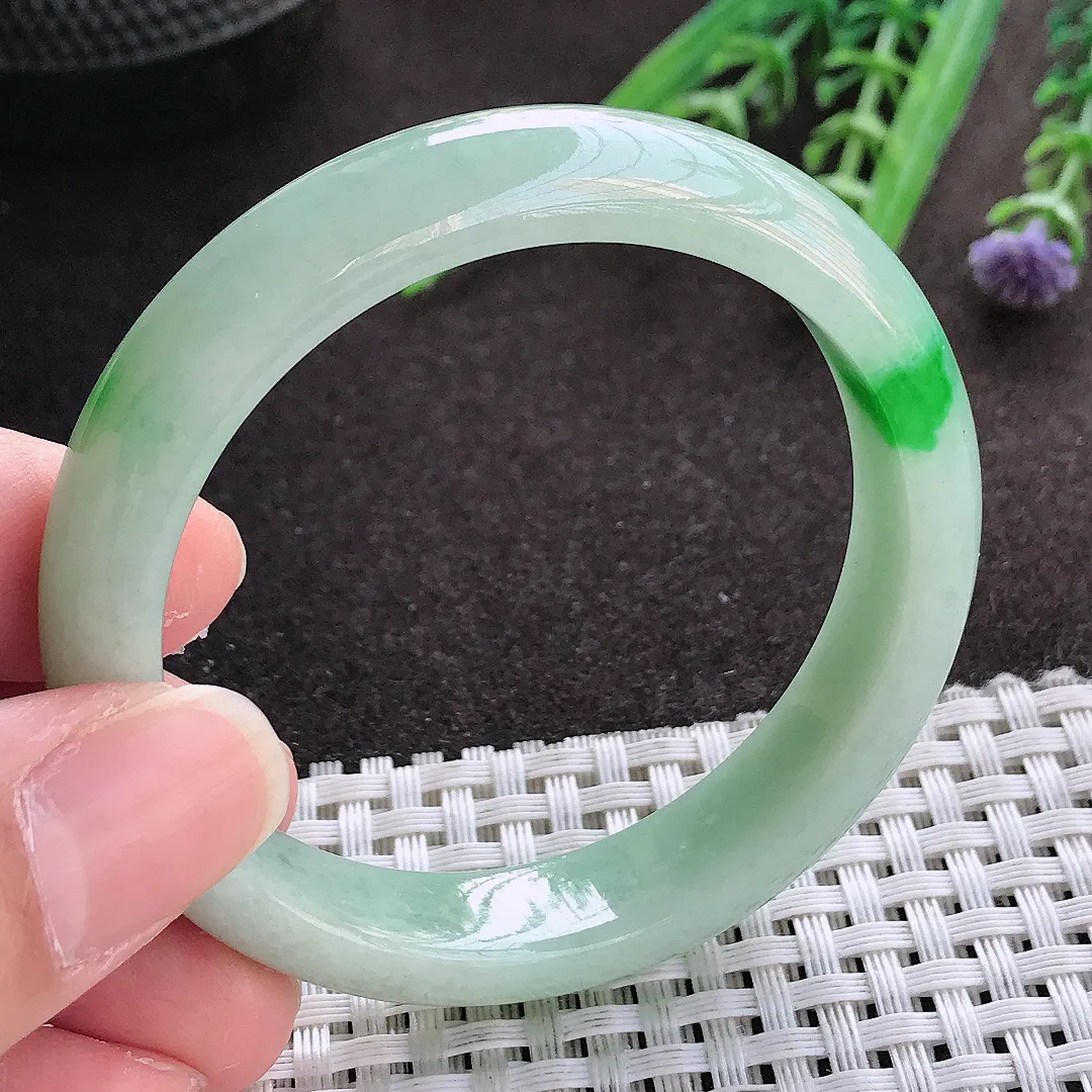实拍翡翠A货50.5/11.5/7.2小圈口老坑精美飘阳绿手镯宽边翡翠玉镯女款百搭