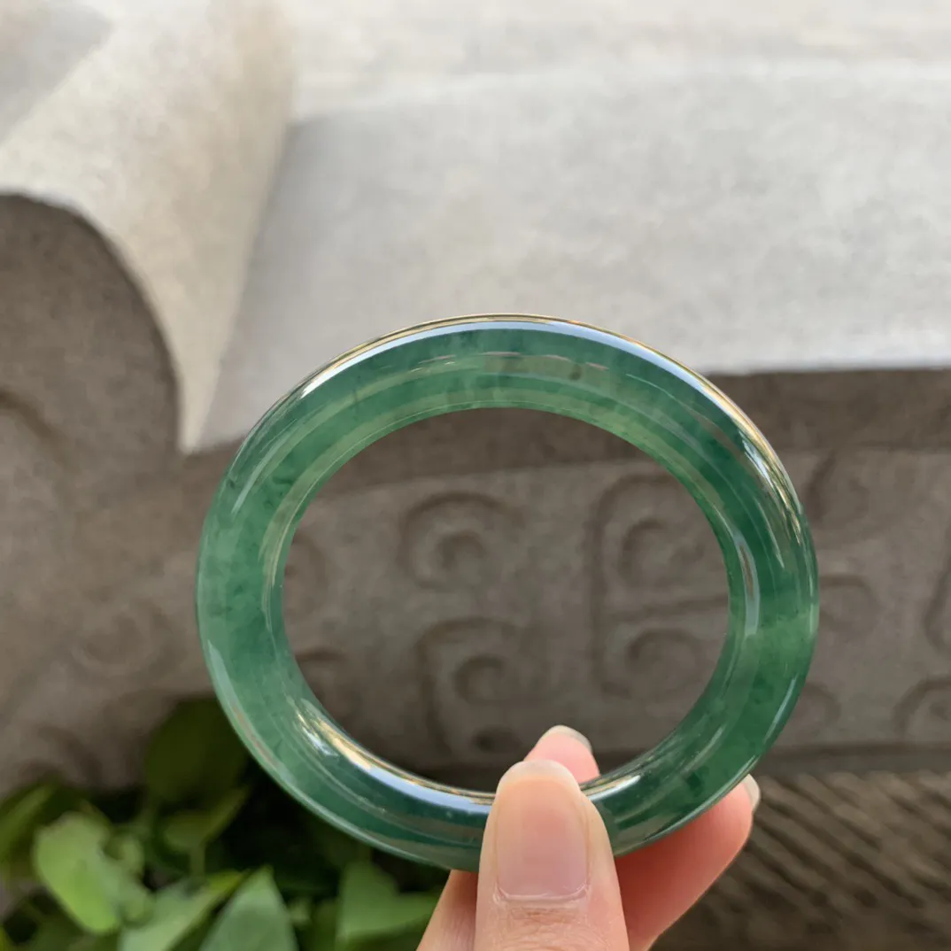 小圈口52.3-9.5 【水墨绿圆条手镯】圆条52 53可戴