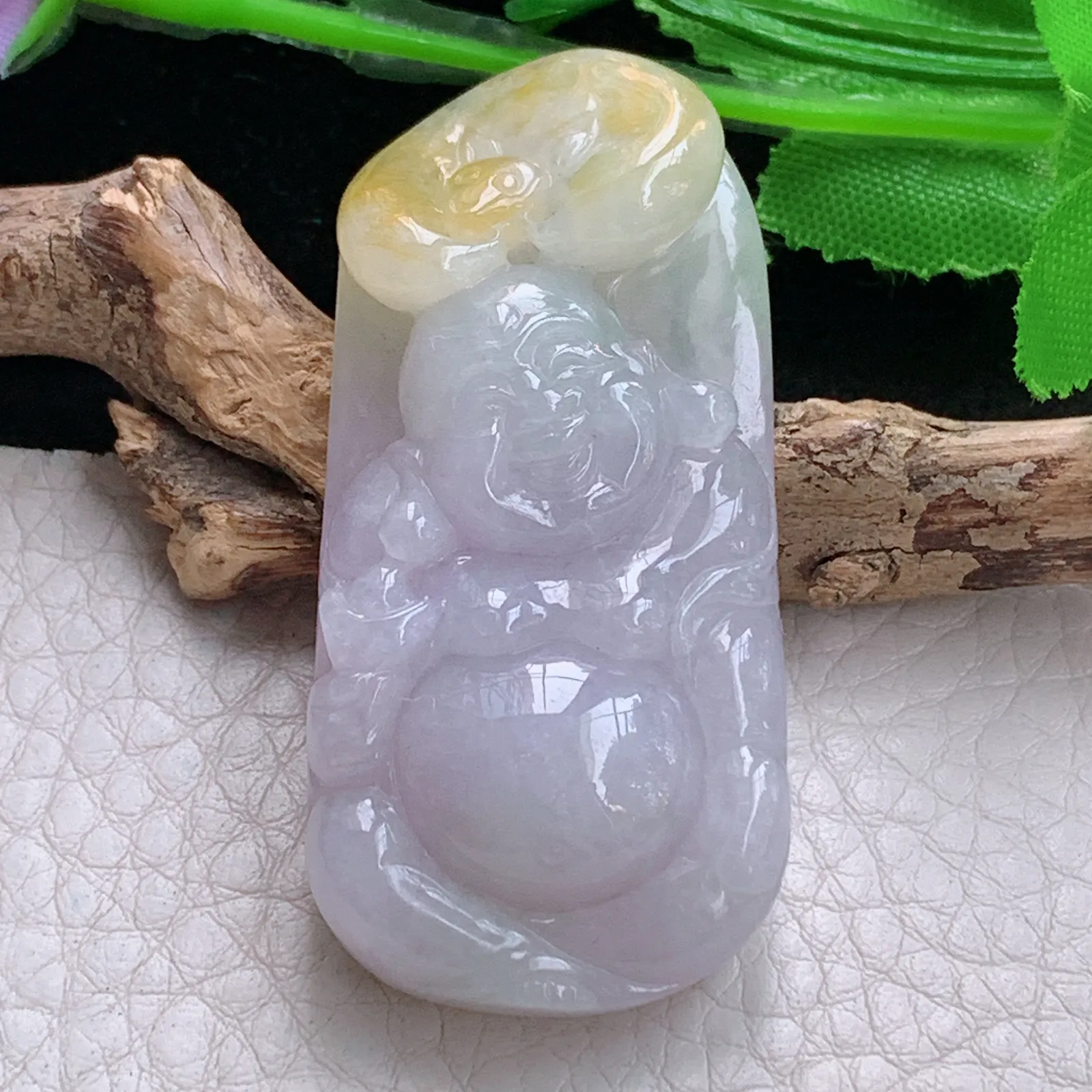 zen实拍53.8*25*11.2天然缅甸翡翠双彩逍遥佛 弥勒佛玉吊坠 玉挂件