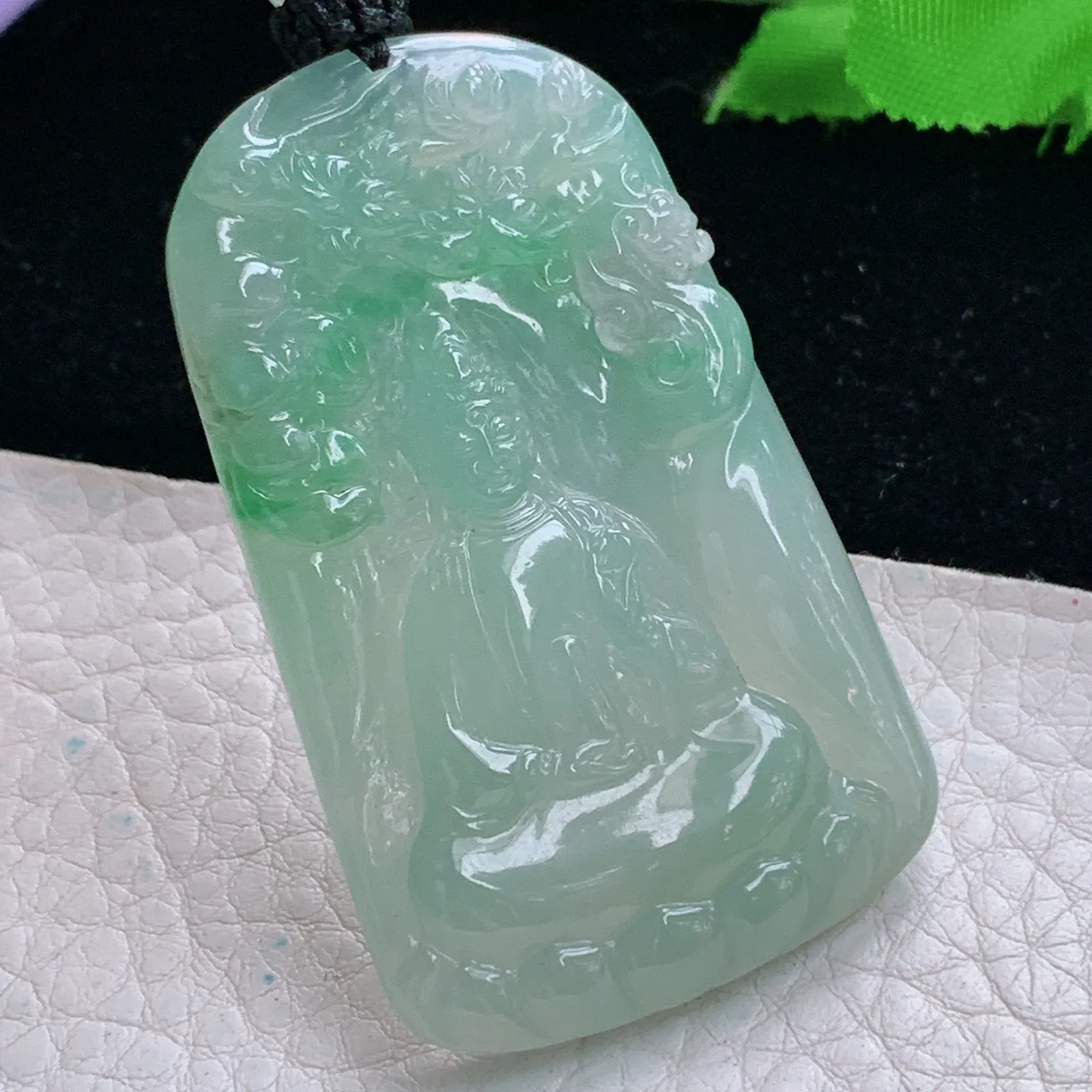 yl实拍55.5*34*5.8缅甸翡翠精雕冰胶飘绿山水观音 玉观音玉挂件 玉吊坠