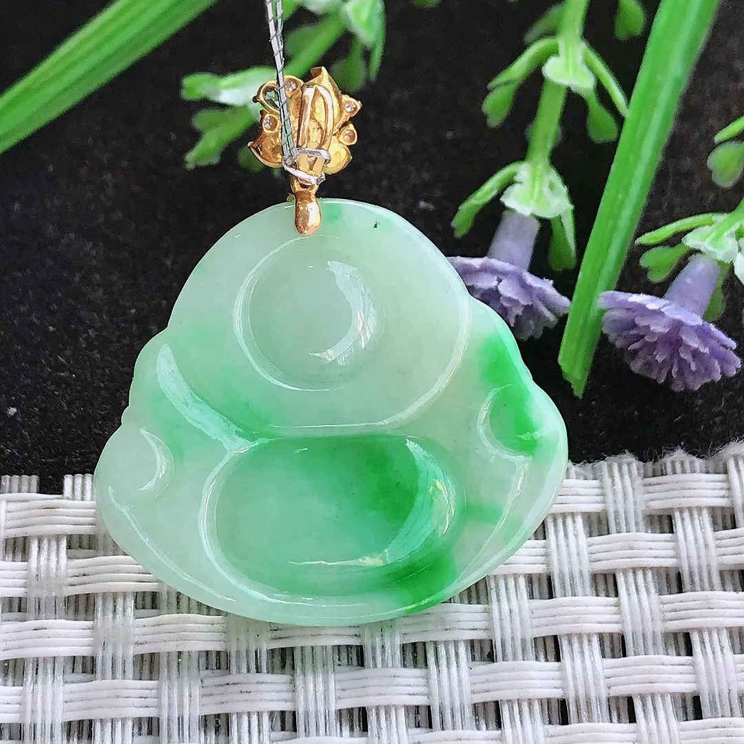 实拍A货翡翠26.2/29.3/5.5老坑18k金镶嵌飘阳绿佛公吊坠翡翠玉佛