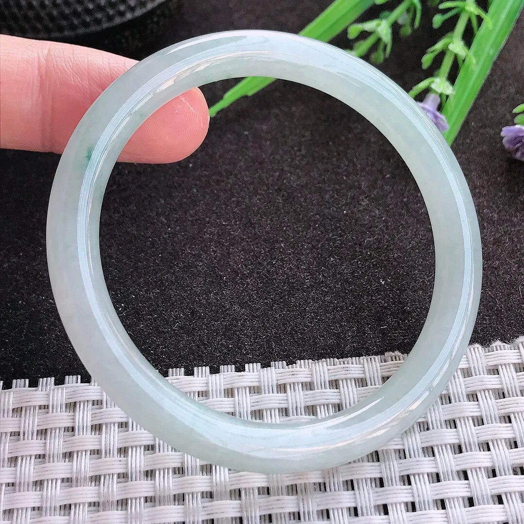 实拍翡翠A货53/6.8/7.2老坑冰胶水灵飘花细条手镯翡翠叮当镯女款