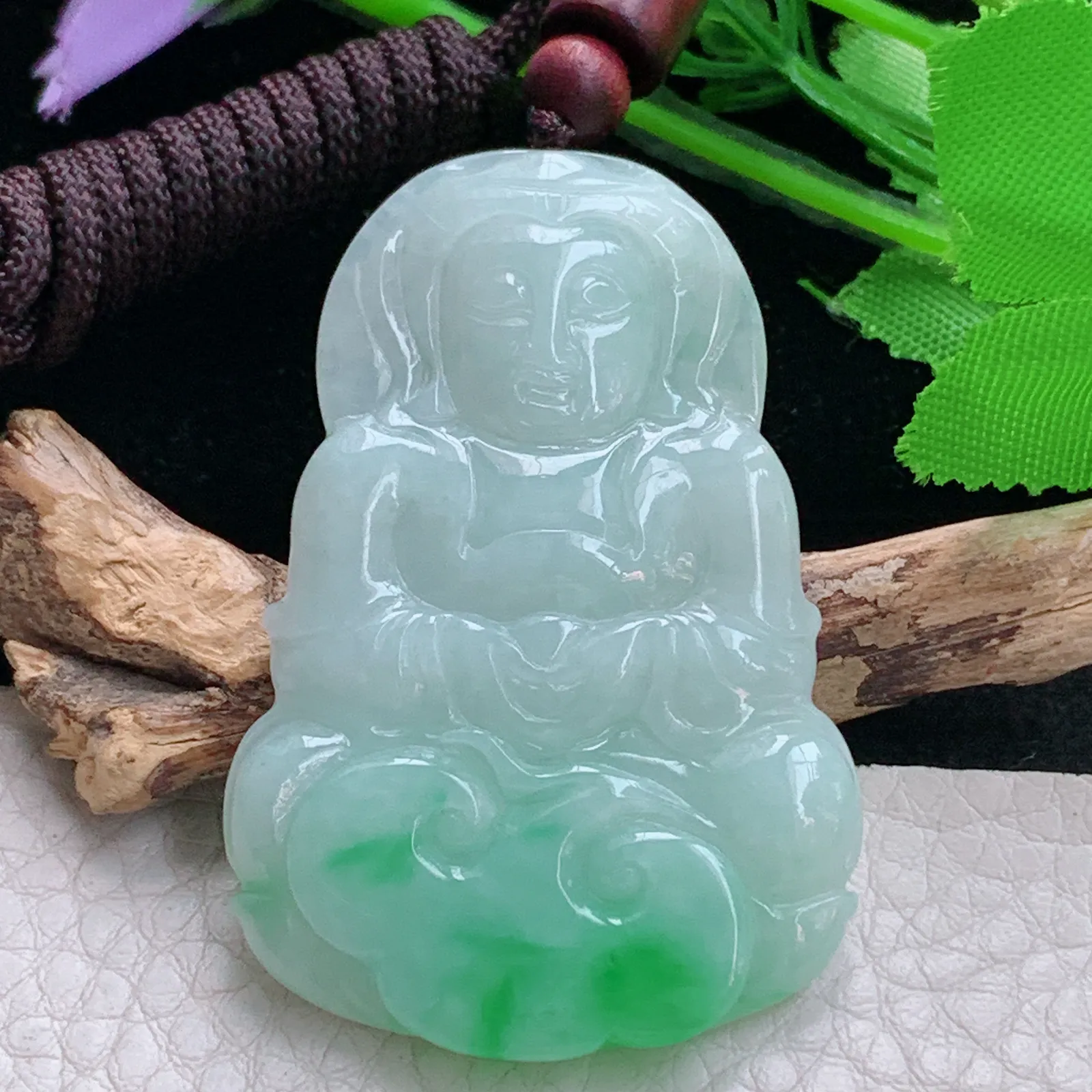 zen实拍51.8*35.5*5.8天然缅甸翡翠白底青正庄观音 玉观音玉吊坠 玉挂件