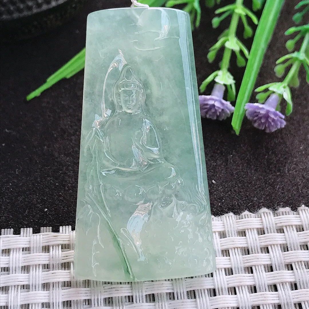 实拍A货翡翠54.6/28.8/5.8老坑冰种果冻胶冰晴文殊菩萨吊坠翡翠挂件