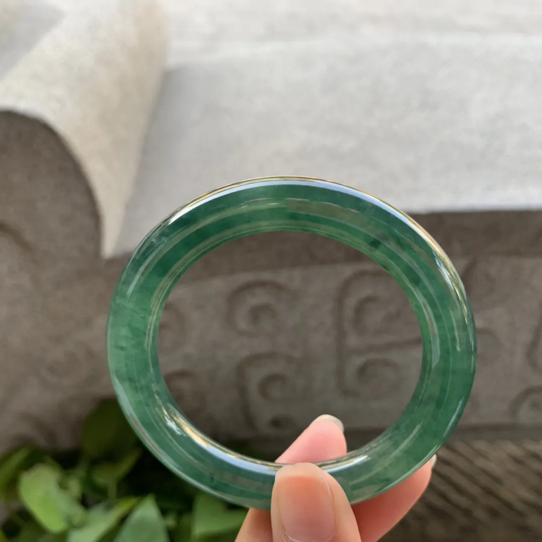 小圈口52.3-9.5 【水墨绿圆条手镯】圆条52 53可戴