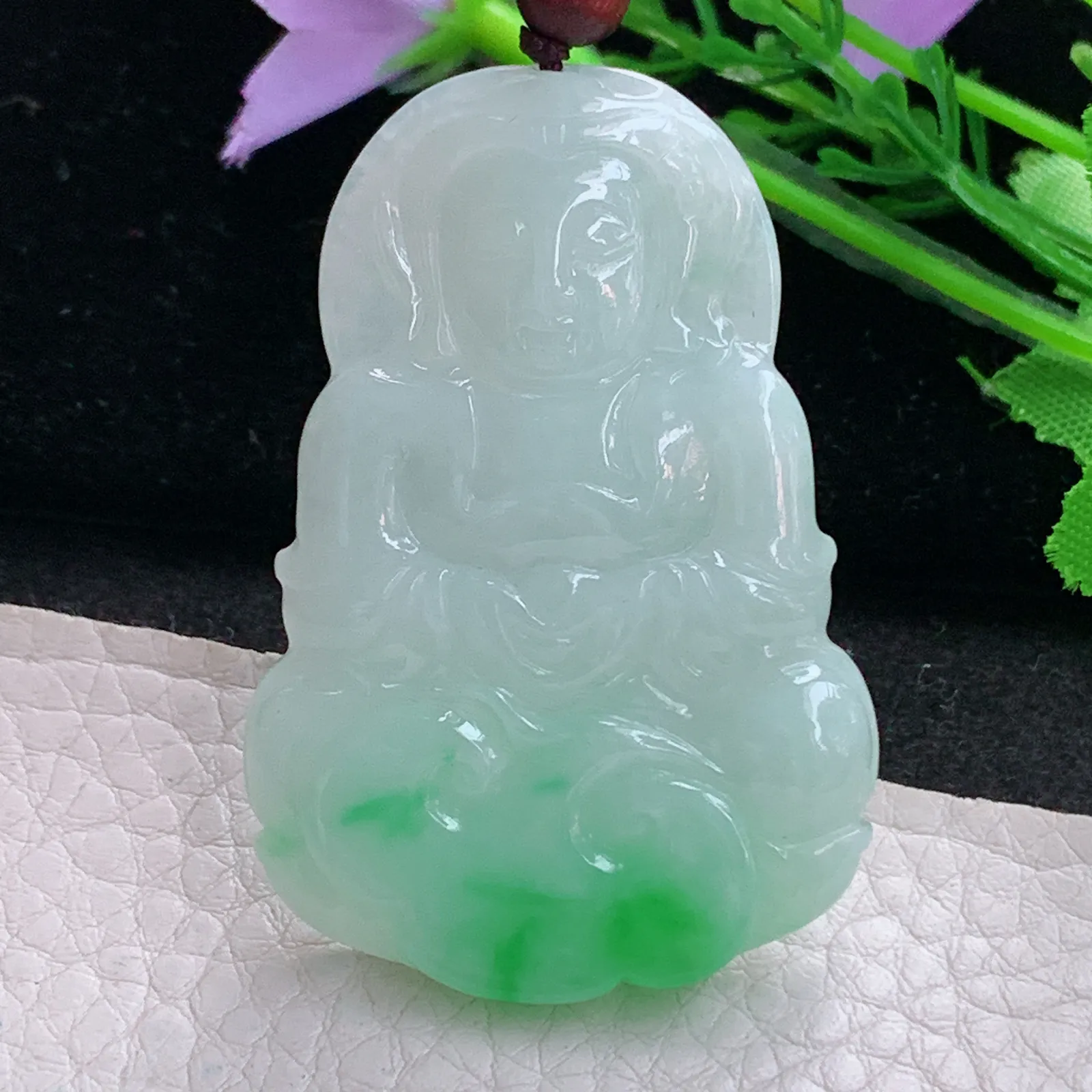 zen实拍51.8*35.5*5.8天然缅甸翡翠白底青正庄观音 玉观音玉吊坠 玉挂件