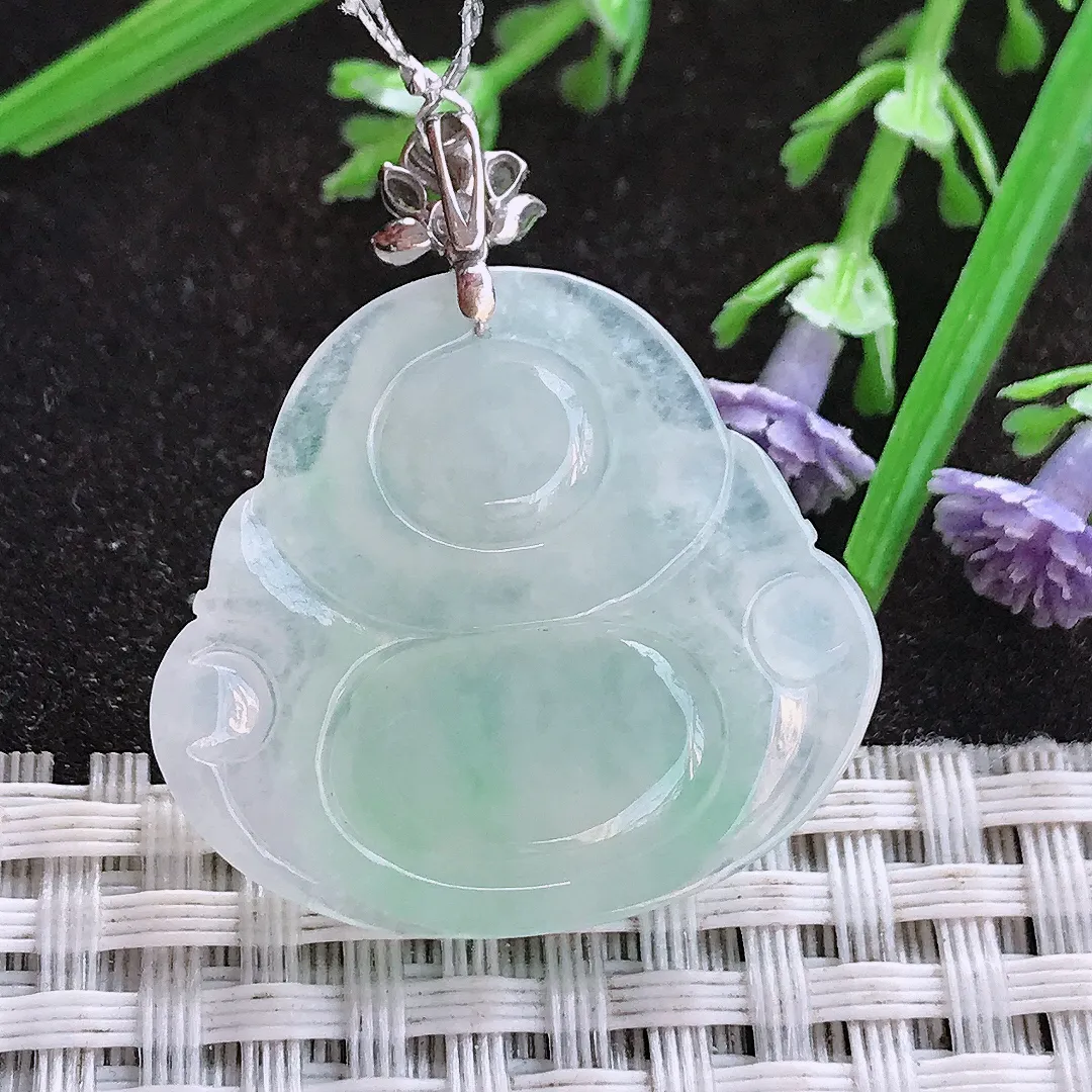 实拍A货翡翠27/29.8/5.8老坑18k金镶嵌冰胶佛公吊坠翡翠玉佛挂件