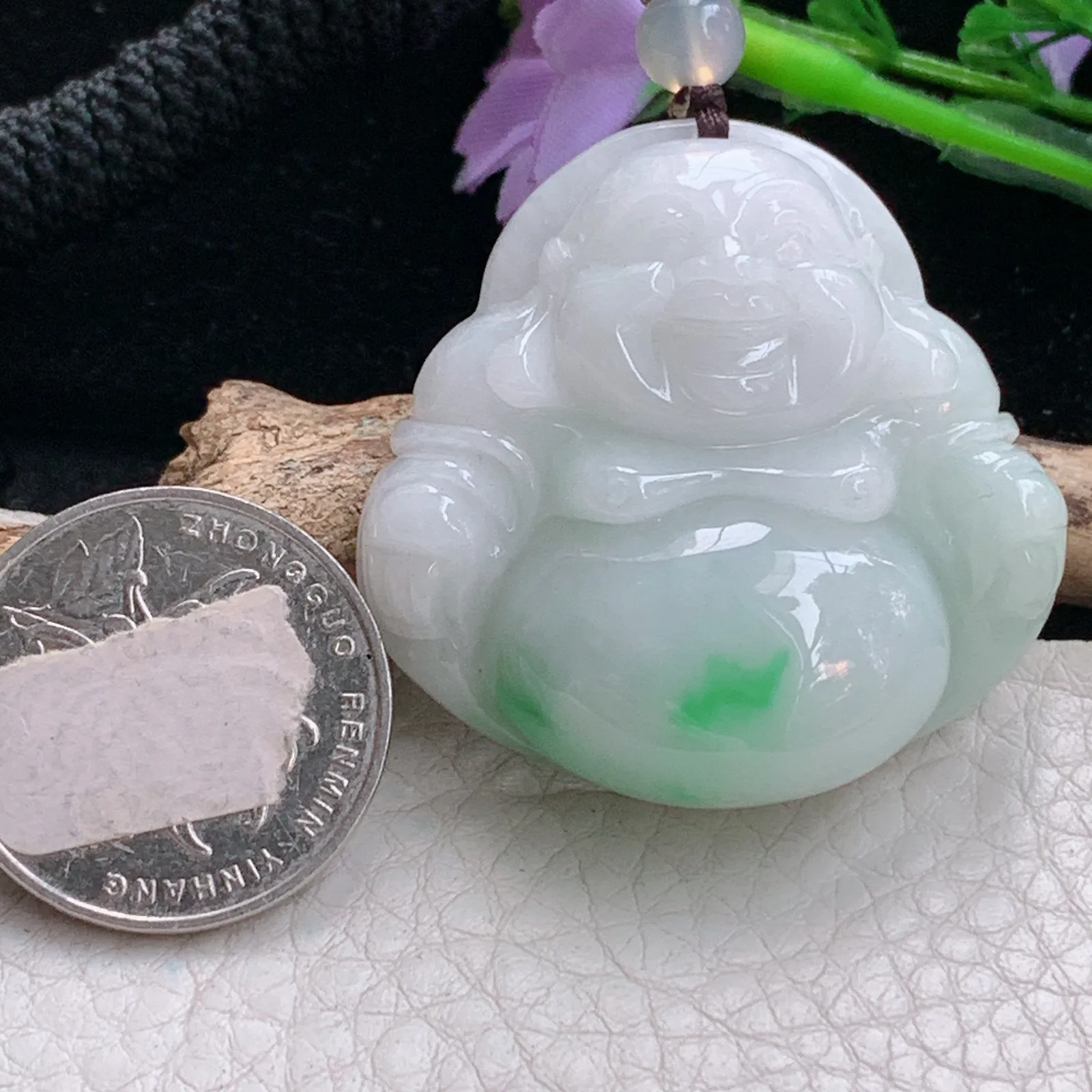 zen实拍39.8*40.6*12.2天然缅甸翡翠白底青佛公 弥勒佛玉吊坠 玉挂件