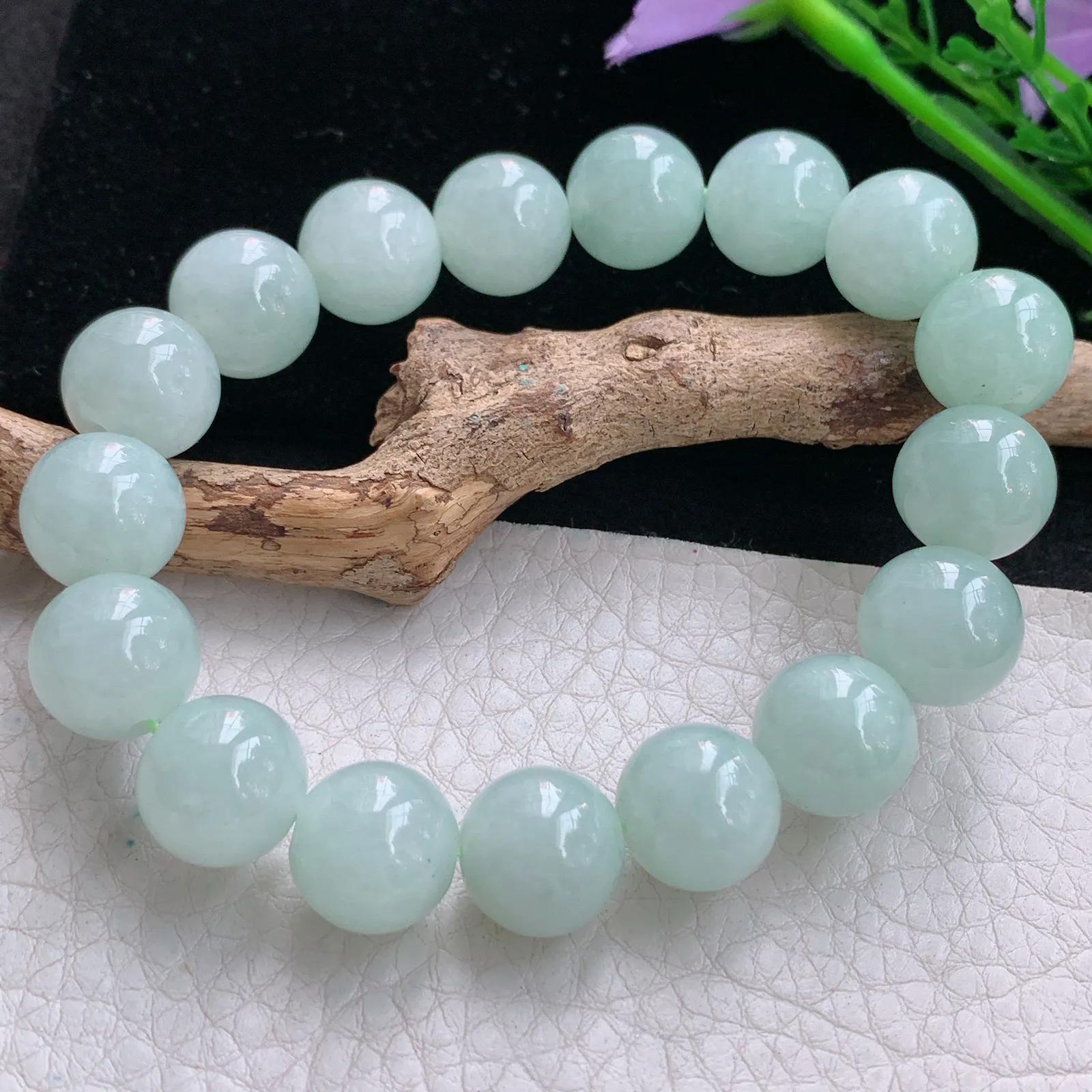 zen实拍 天然缅甸翡翠胶感晴绿12.3mm圆珠玉手链 玉手串