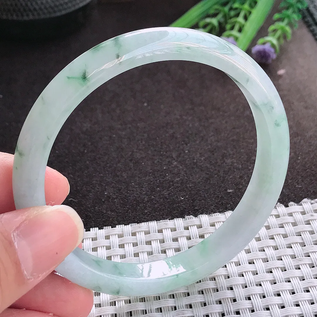 实拍翡翠A货60.5/9.5/7.3大圈口老坑冰润飘花手镯宽边翡翠玉镯女款百搭